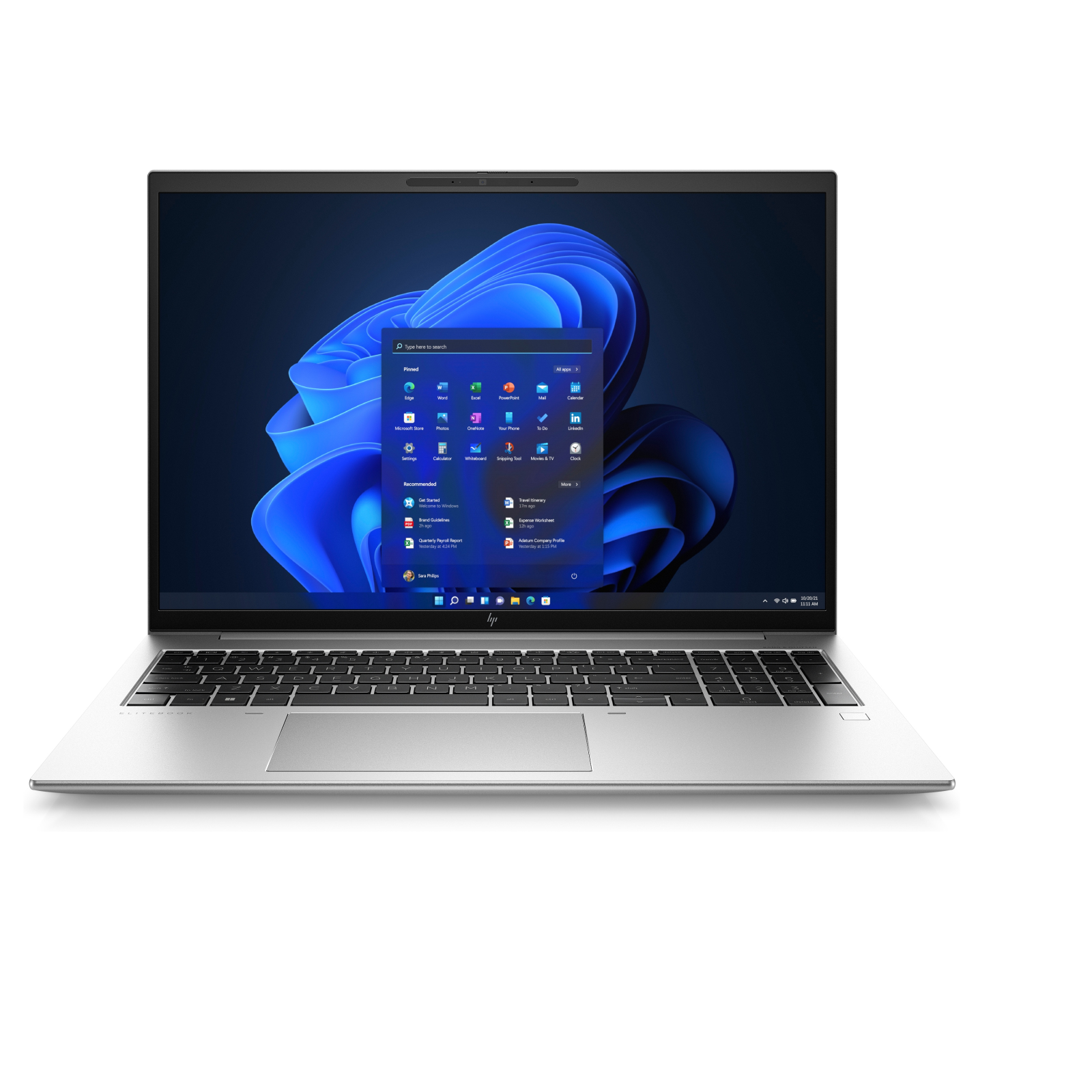 Srebrny laptop jest otwarty, pokazując interfejs Windows z niebieskim tłem.