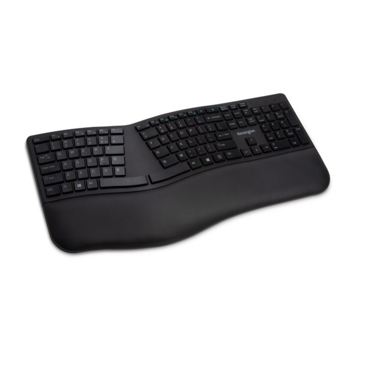 Teclado negro ergonómico con diseño curvo. El teclado tiene reposamuñecas.