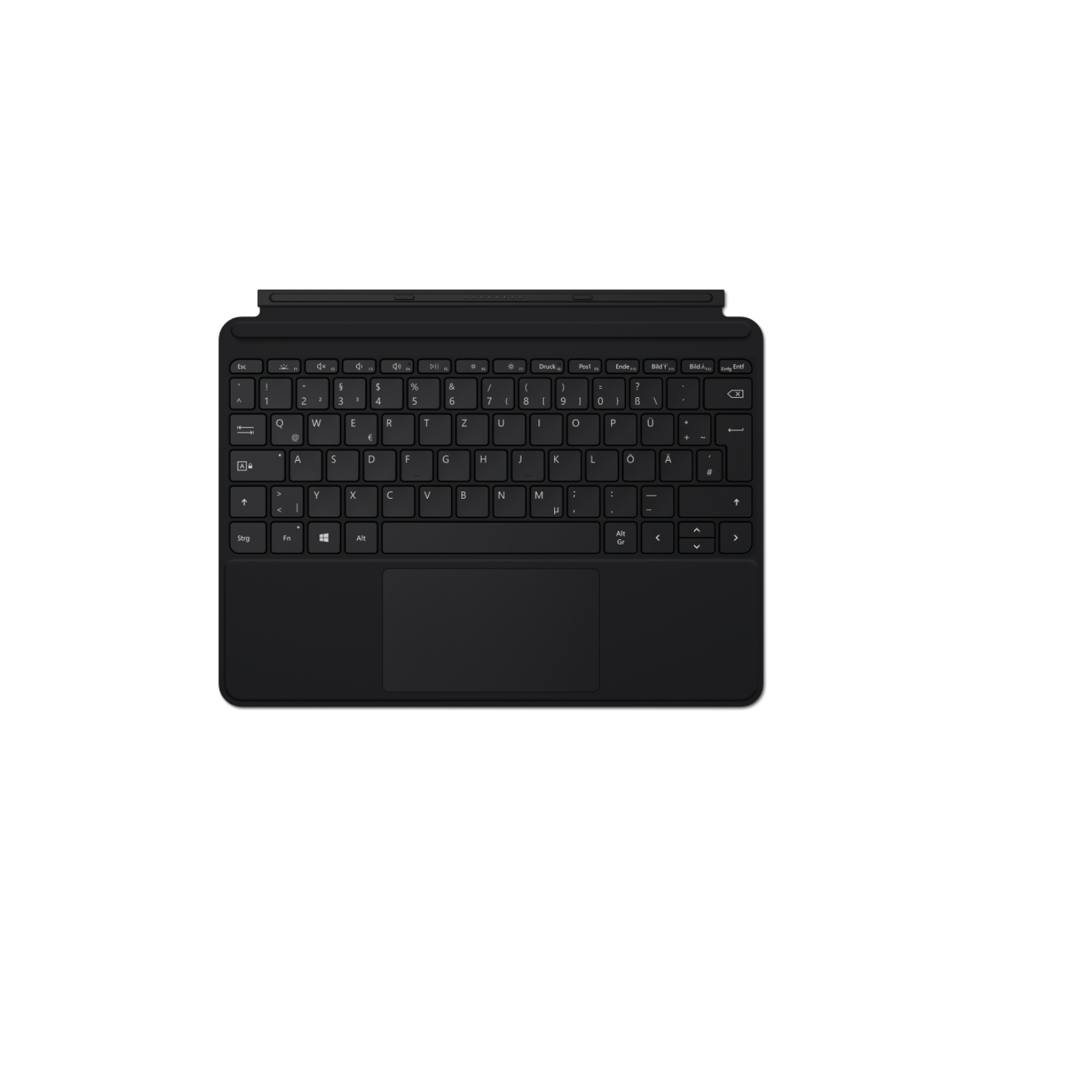 Tastiera nera per tablet, con touchpad, su sfondo bianco, vista dall'alto.