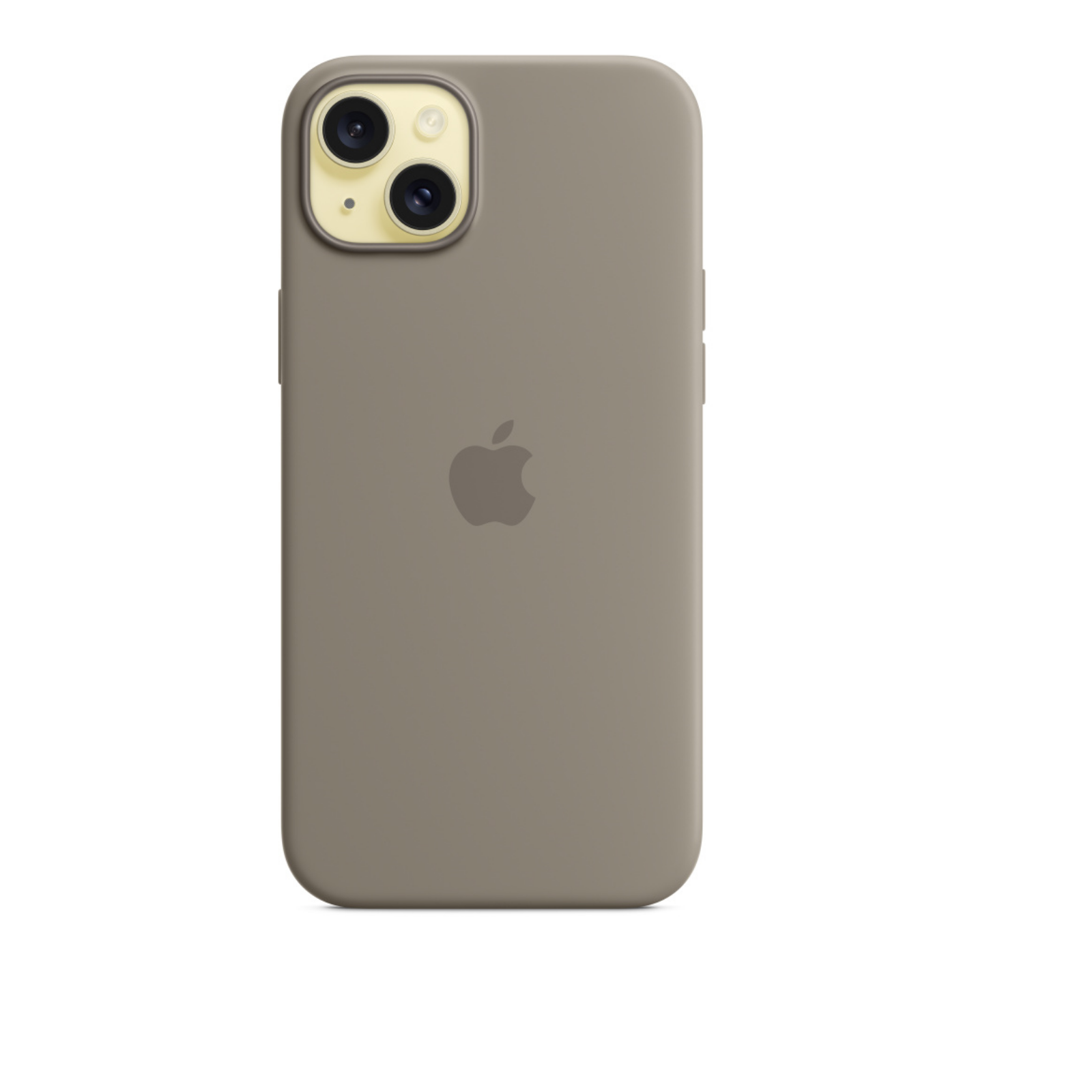 Etui na iPhone w kolorze taupe z aparatem i logo Apple. Białe tło.