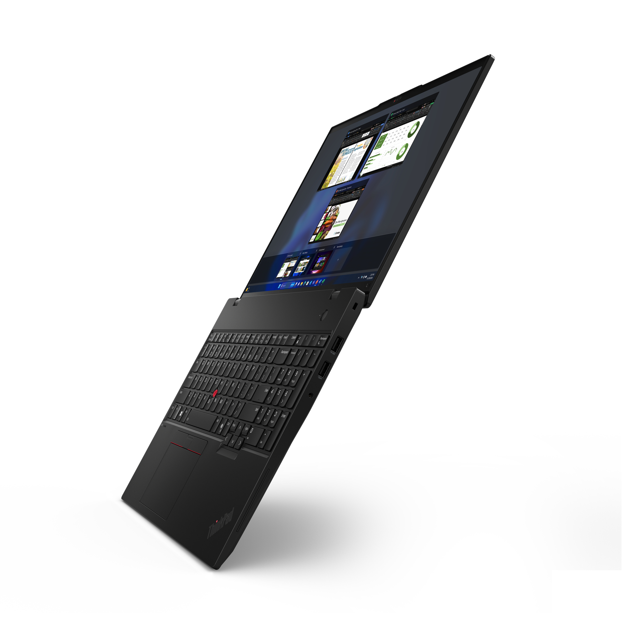 Laptop nero con schermo sollevato, che mostra un'interfaccia utente.