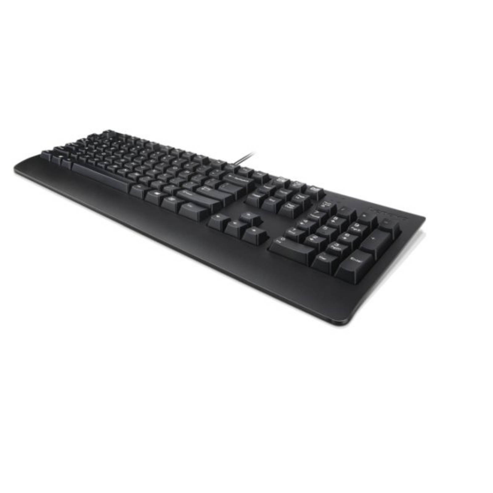 Schwarze Tastatur mit flachem Design. Die Tasten sind schwarz und der Hintergrund ist weiß.