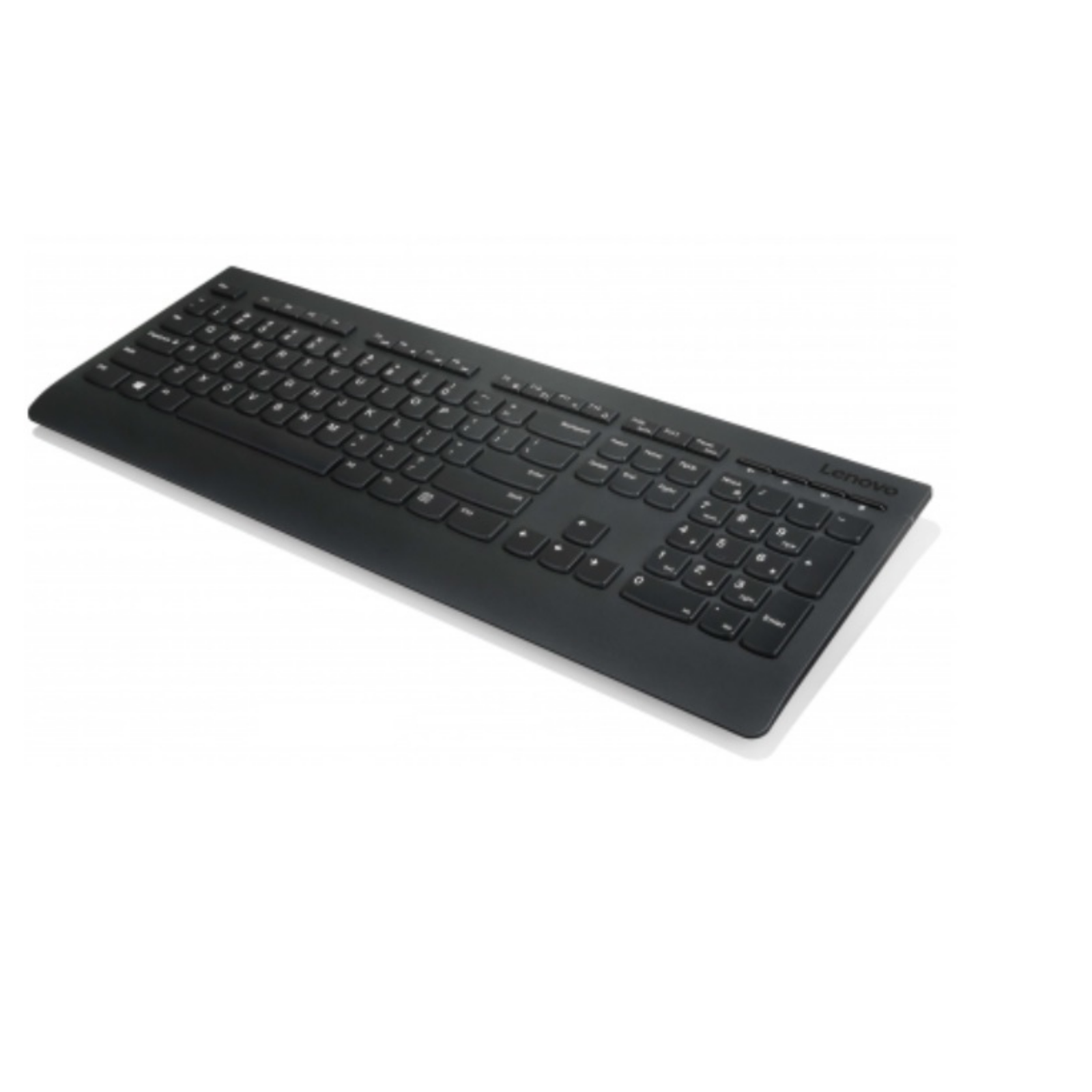 Tastiera Lenovo nera con tastierino numerico. Sfondo bianco.