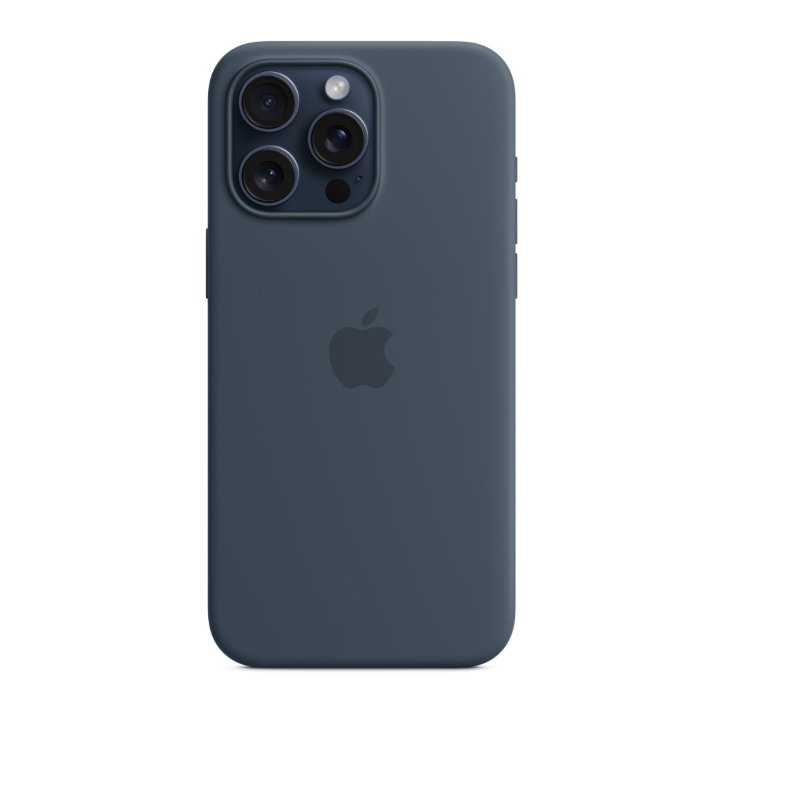 Dunkelblaue iPhone-Hülle mit drei Kameralinsen und Apple-Logo.