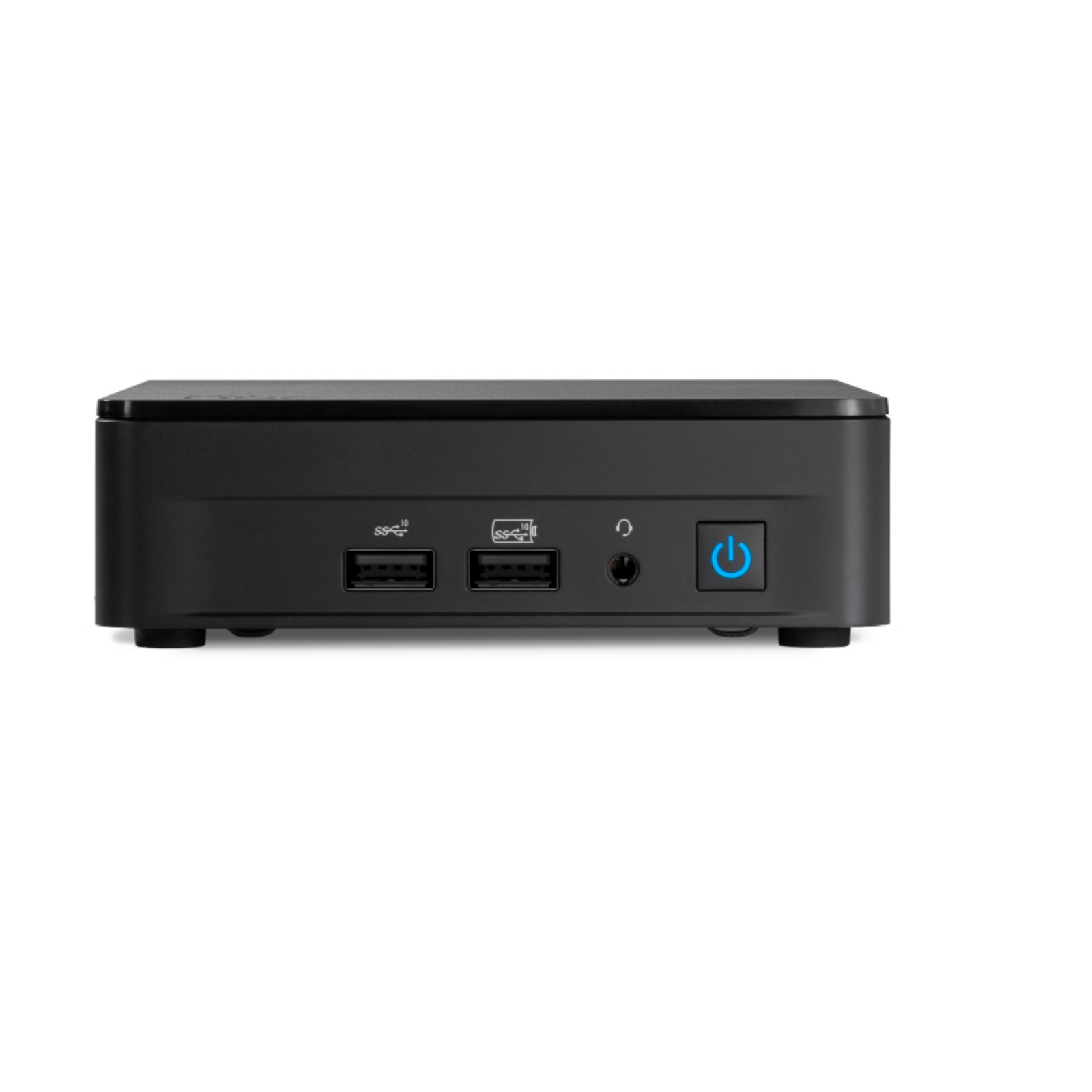 A black mini computer with USB ports, an audio jack, and a power button on a white background.