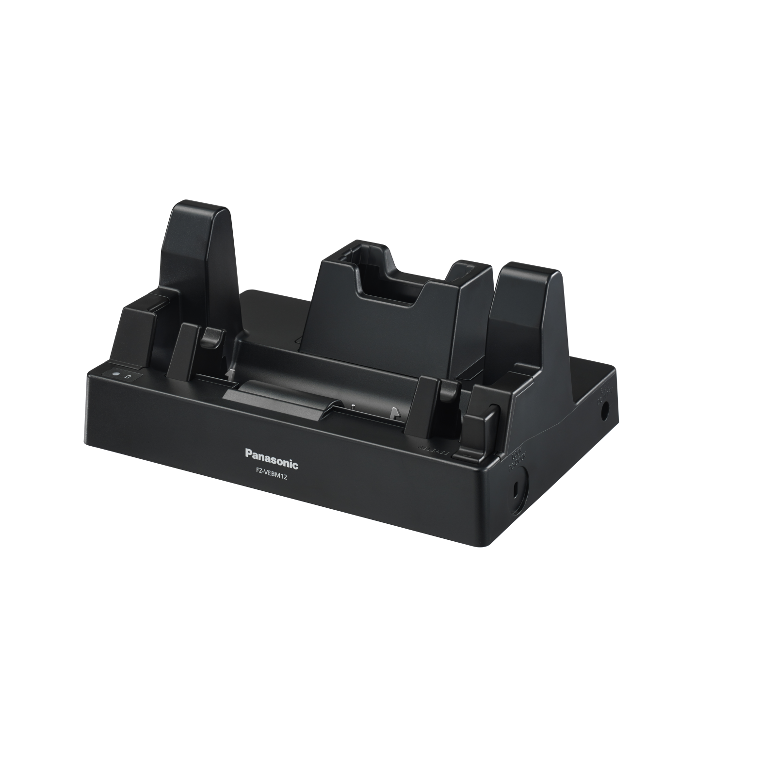 Schwarze Panasonic-Dockingstation mit mehreren Steckplätzen und Anschlüssen, auf weißem Hintergrund.