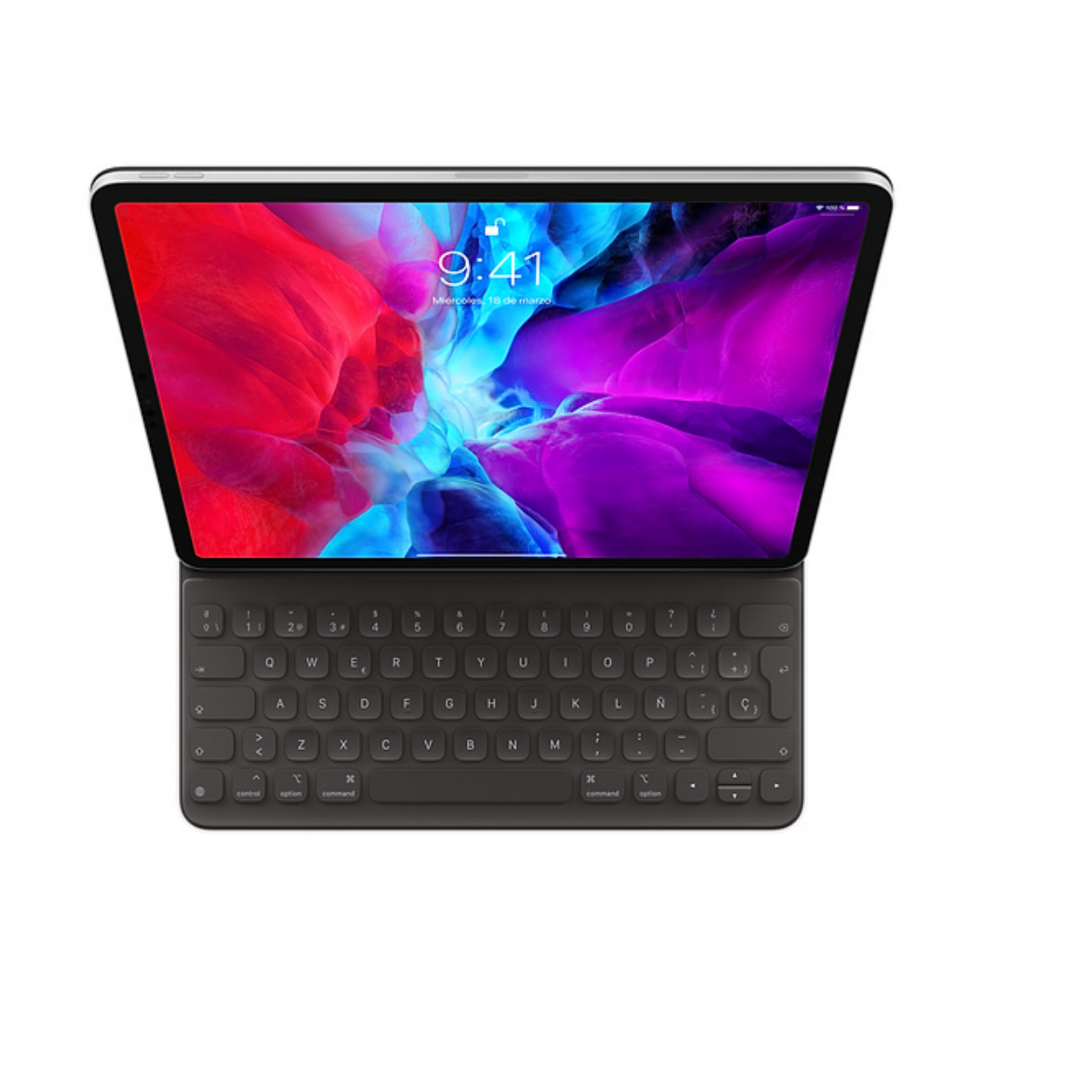Una tableta abierta con un teclado y la pantalla mostrando una interfaz de usuario.