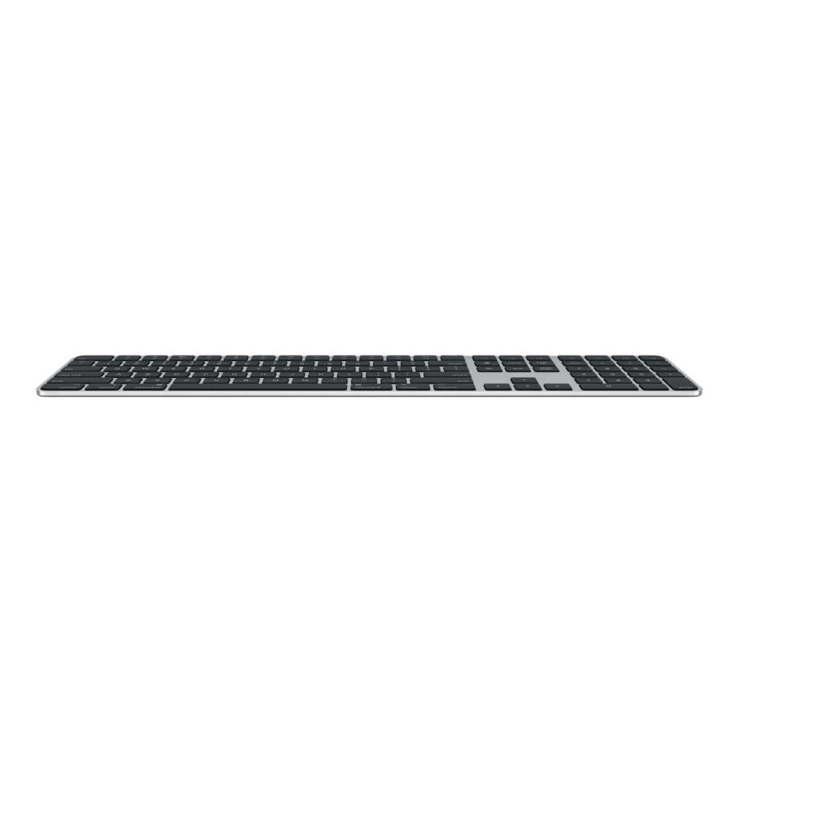 Side view of a silver Apple Magic Keyboard on a white background. The keyboard is in a horizontal position.