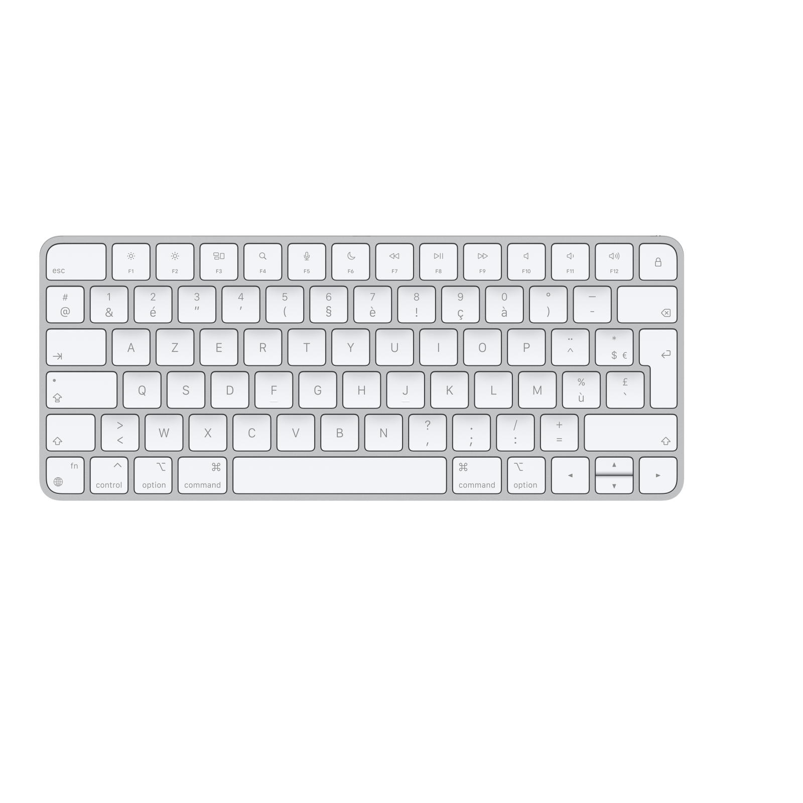 Zilveren Apple-toetsenbord met witte toetsen en Franse lay-out, op witte achtergrond.