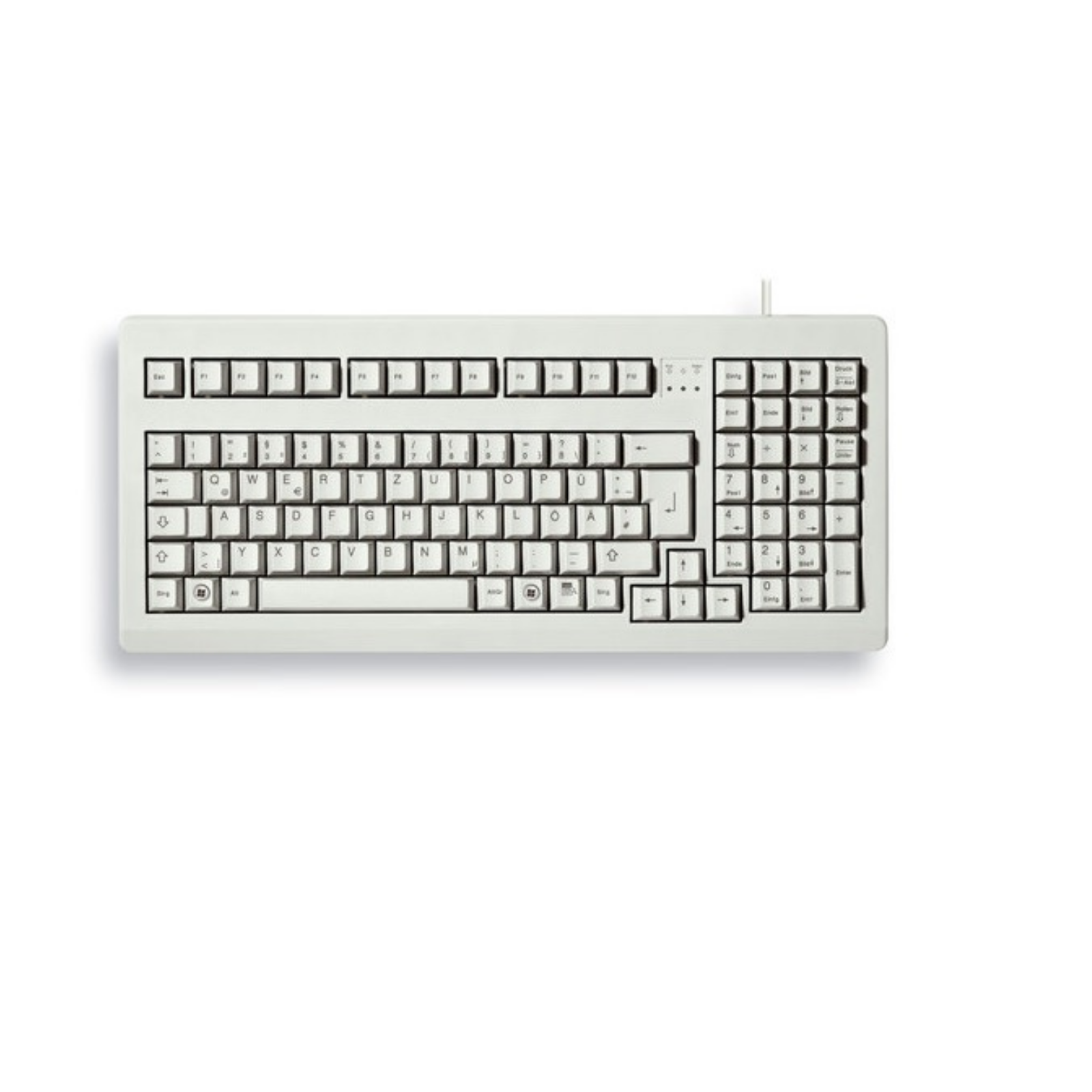 Tastiera bianca su sfondo bianco. Ha un layout completo con molti tasti.