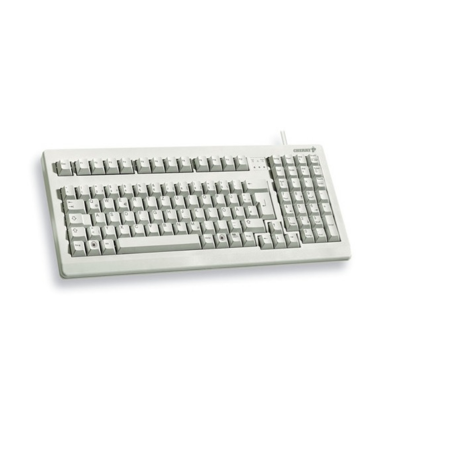 Tastiera bianco sporco con numerose chiavi. Layout standard, con un logo Cherry.