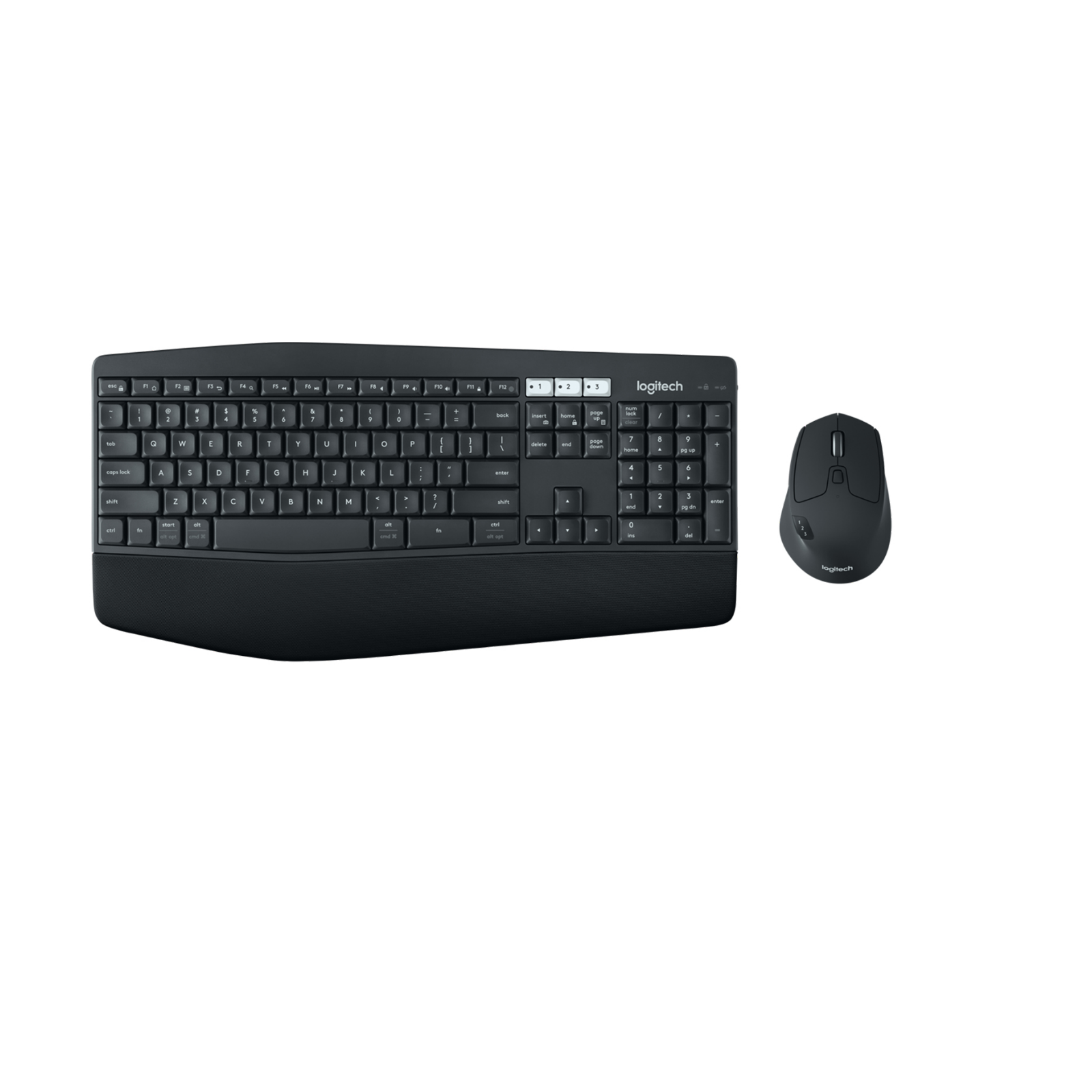 Set tastiera e mouse Logitech neri su sfondo bianco.