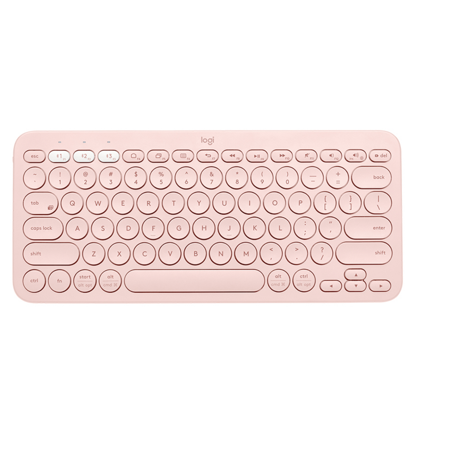 Różowa klawiatura bezprzewodowa. Zaokrąglone klawisze i minimalistyczny design.