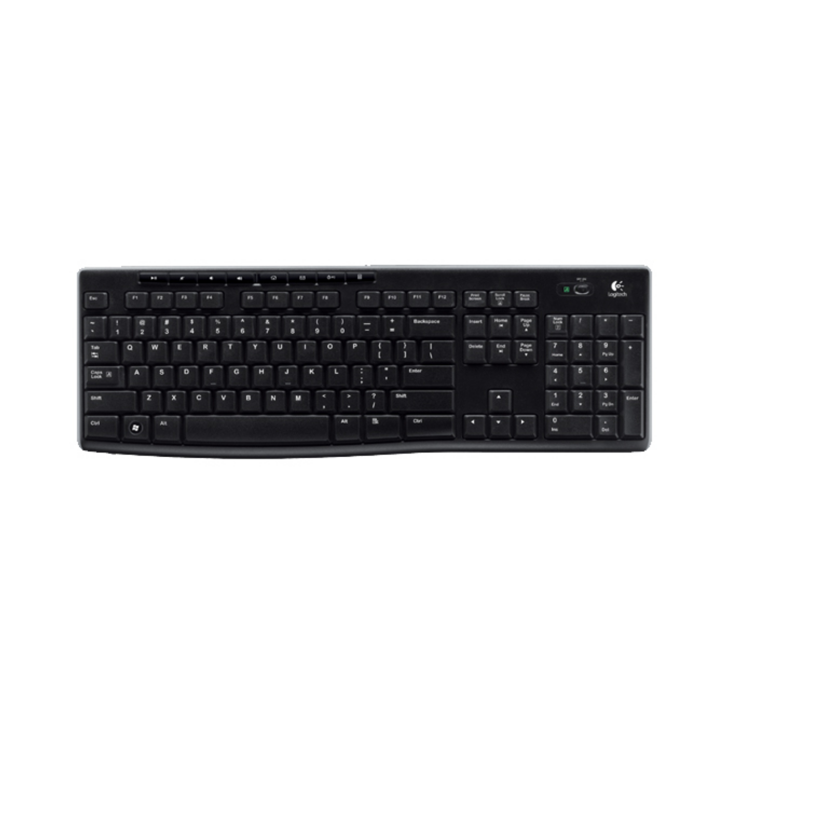 Tastiera per computer nera con tasti bianchi e logo Logitech.