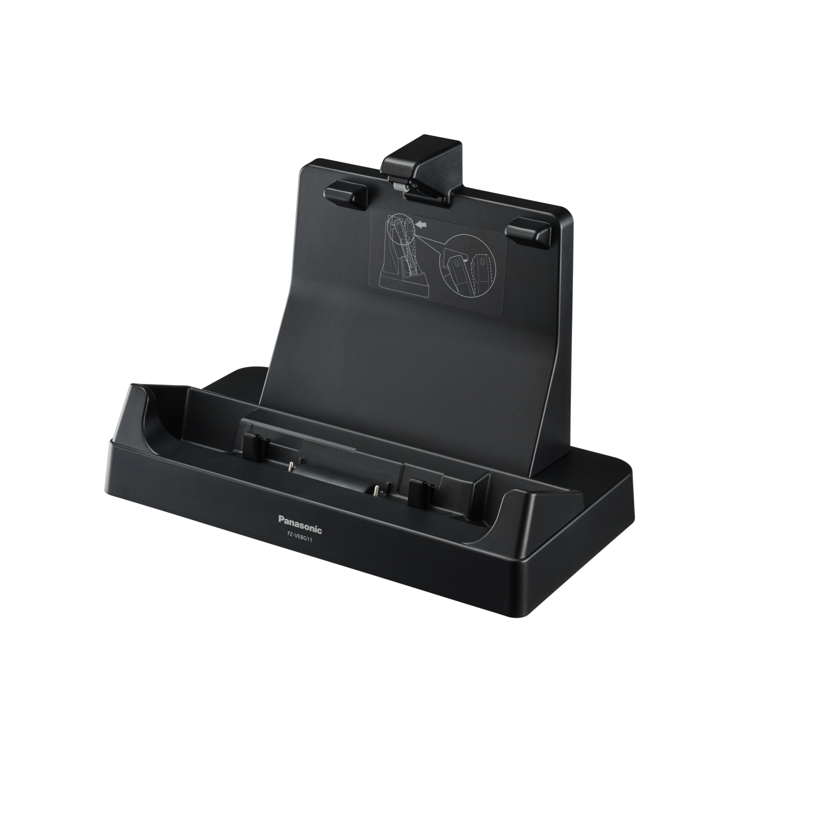 Schwarze Laptop-Dockingstation. Es hat einen Steckplatz für den Laptop. Weißer Hintergrund.