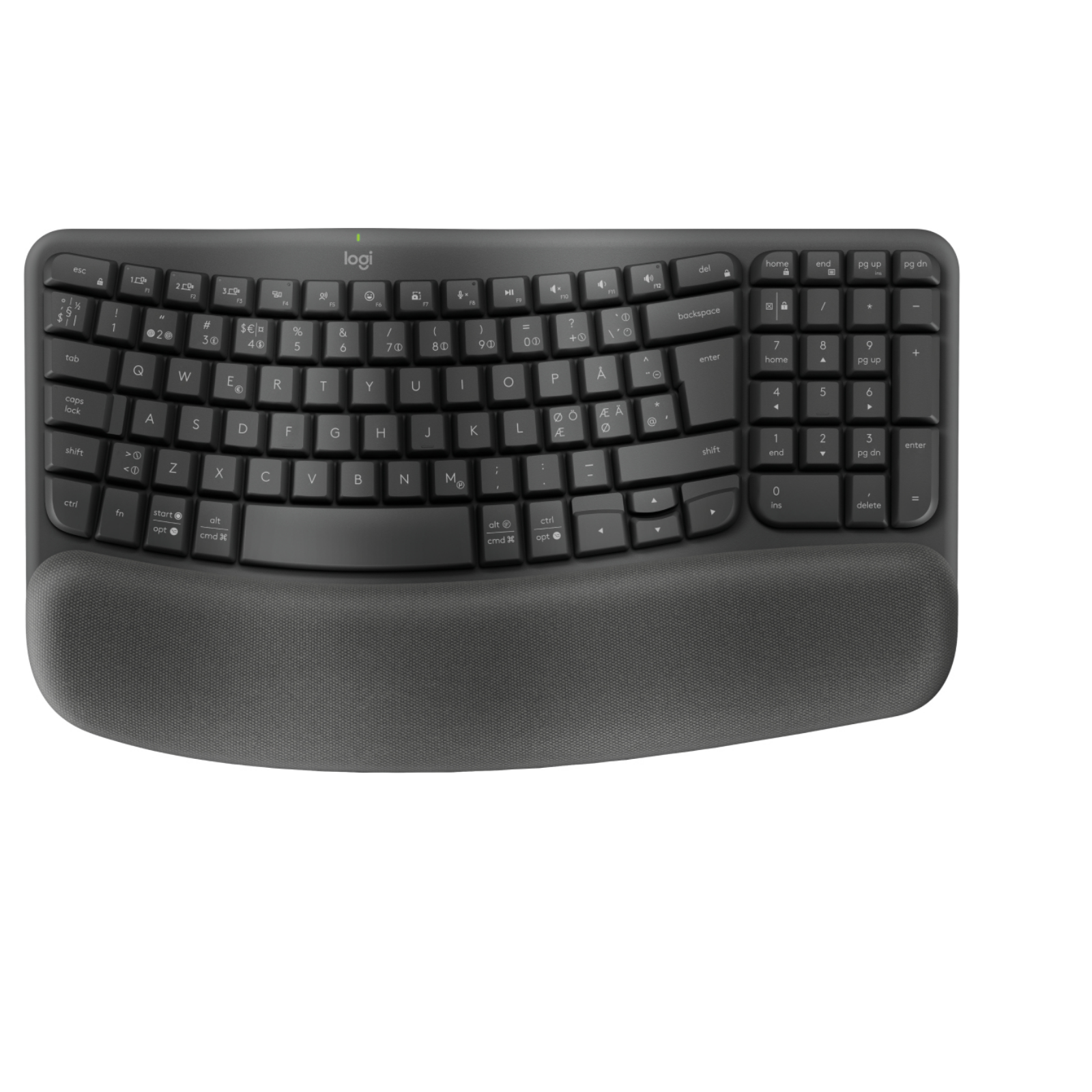 Tastiera ergonomica nera con poggiapolsi integrato. Sfondo bianco.