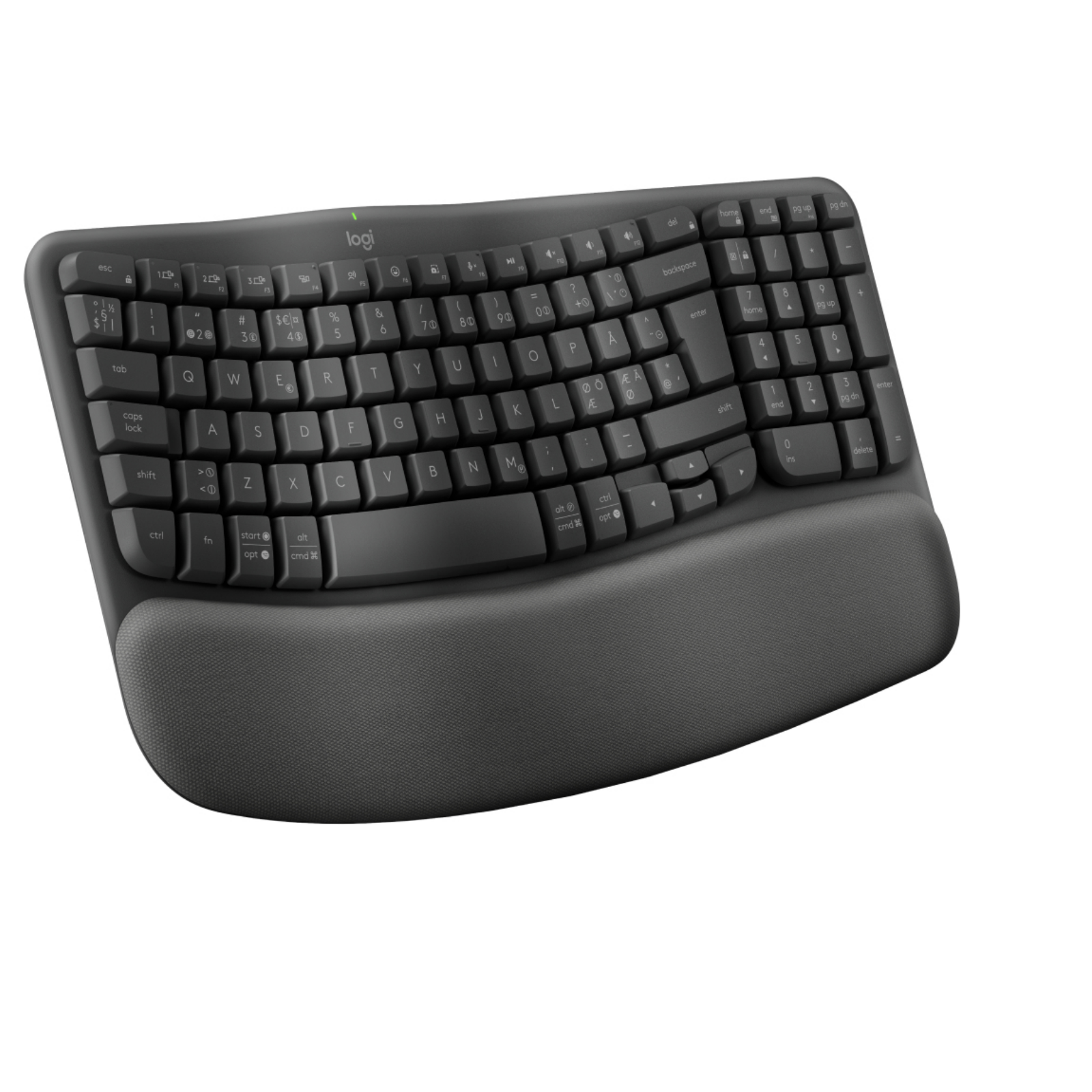 Tastiera ergonomica nera con poggiapolsi.