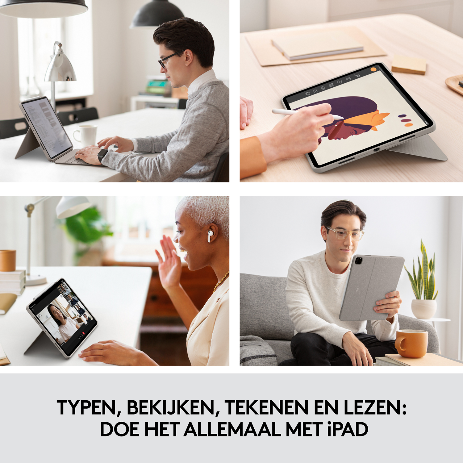 Cuatro imágenes de personas usando un iPad para diferentes actividades.