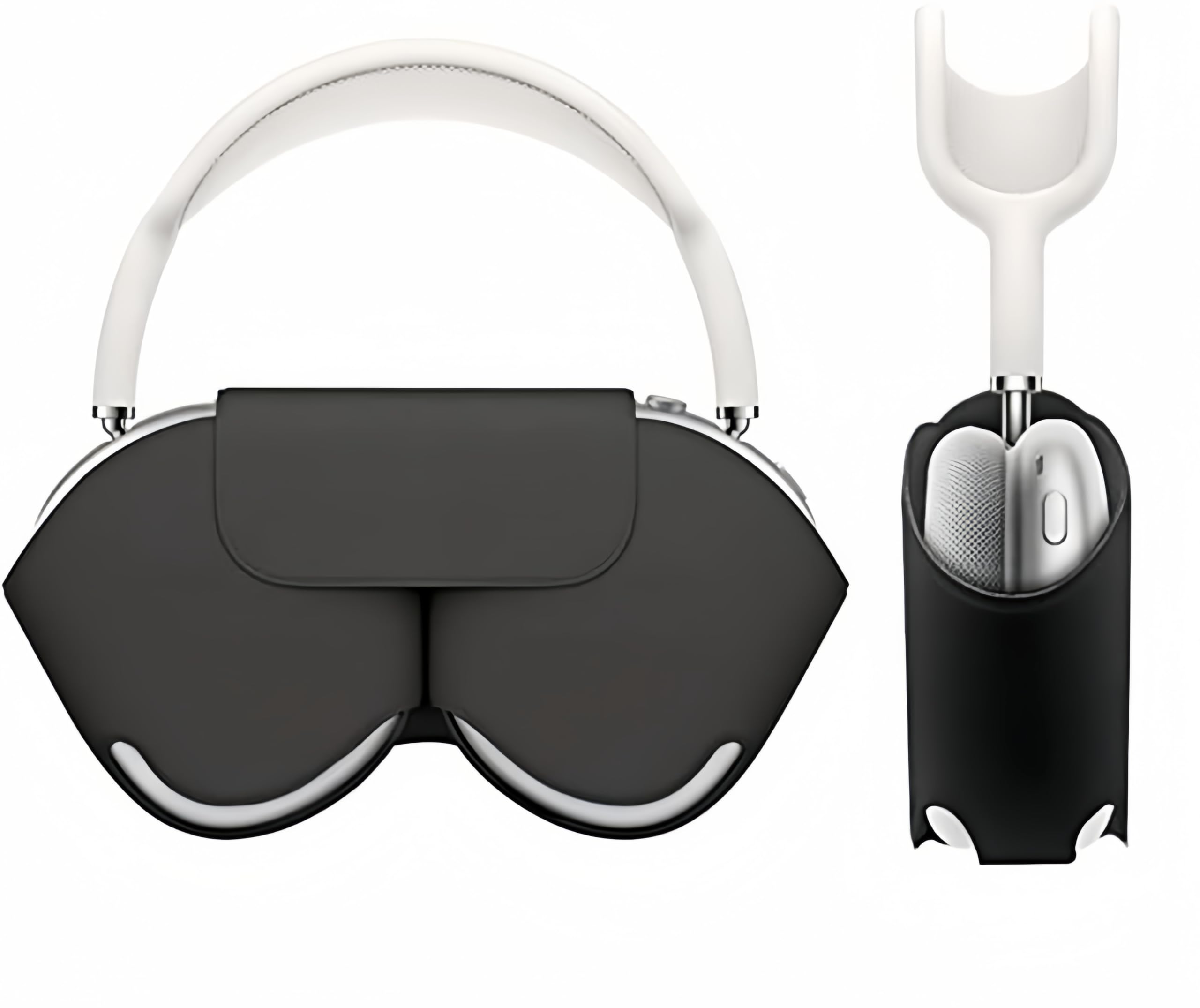 Schwarze AirPods Max-Kopfhörer mit schwarzem Smart Case und separatem Smart Case, weißer Hintergrund.