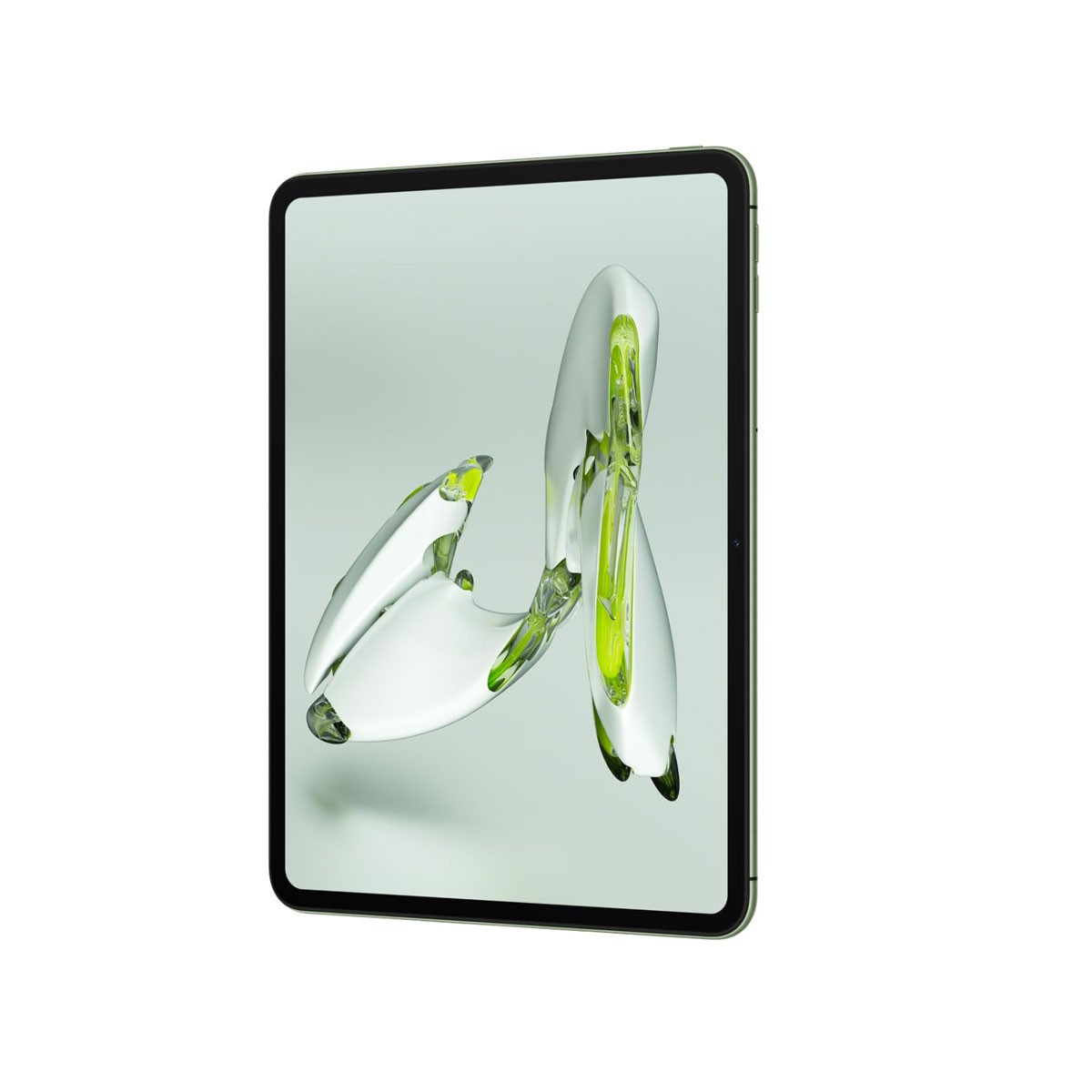 Tableta, vista en ángulo, arte abstracto en pantalla, con marco metálico.