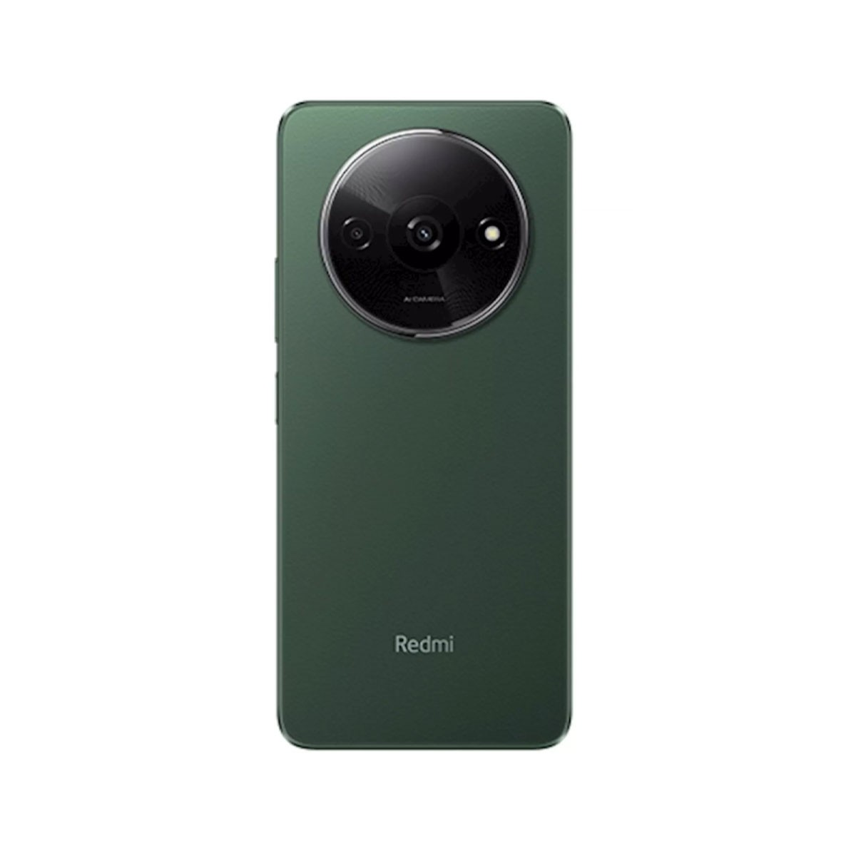 Smartphone Redmi verde. La parte posteriore del telefono con un modulo fotocamera circolare è rivolta verso lo spettatore.