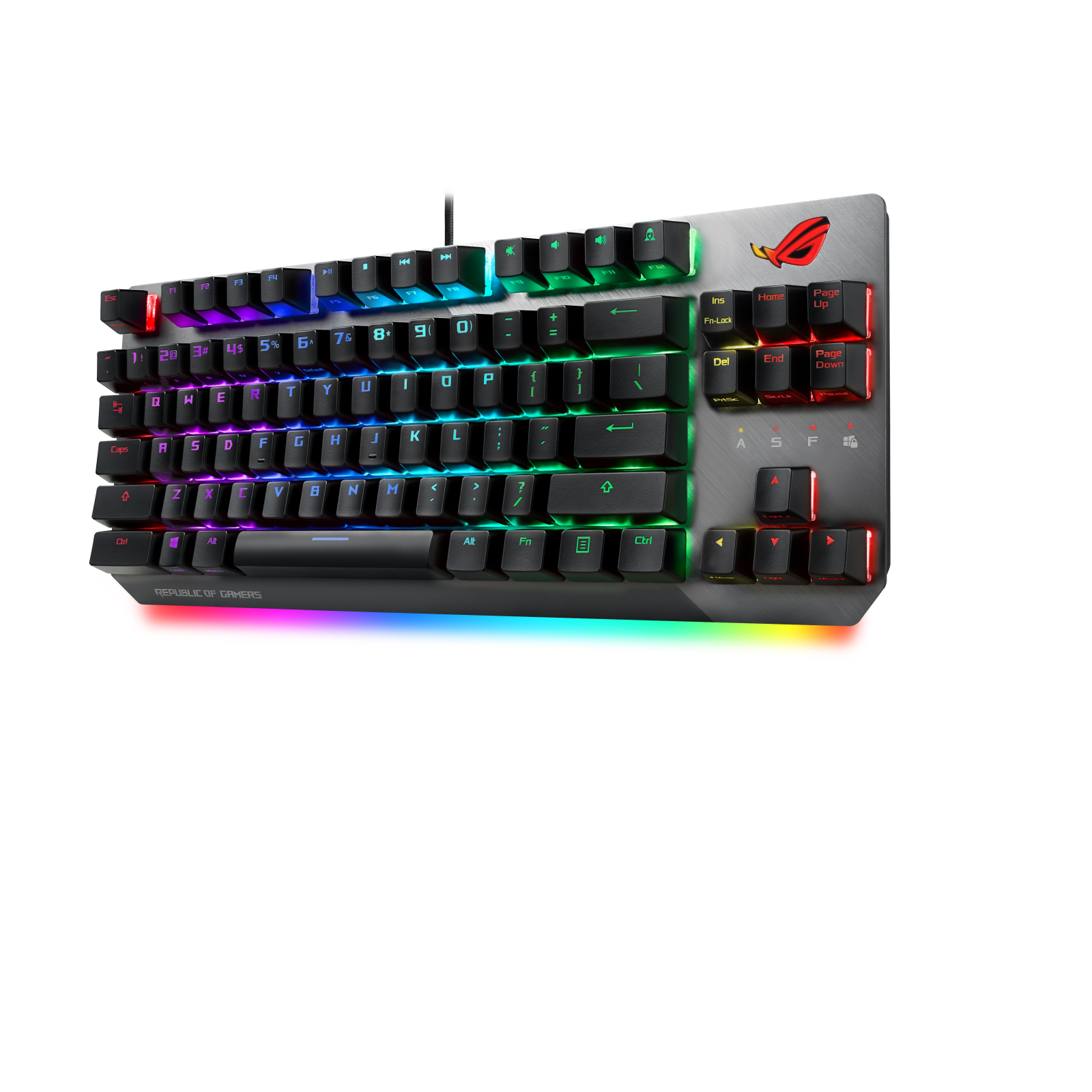 Klawiatura dla graczy z podświetleniem RGB. Ma czarne klawisze i srebrny wierzch z logo.