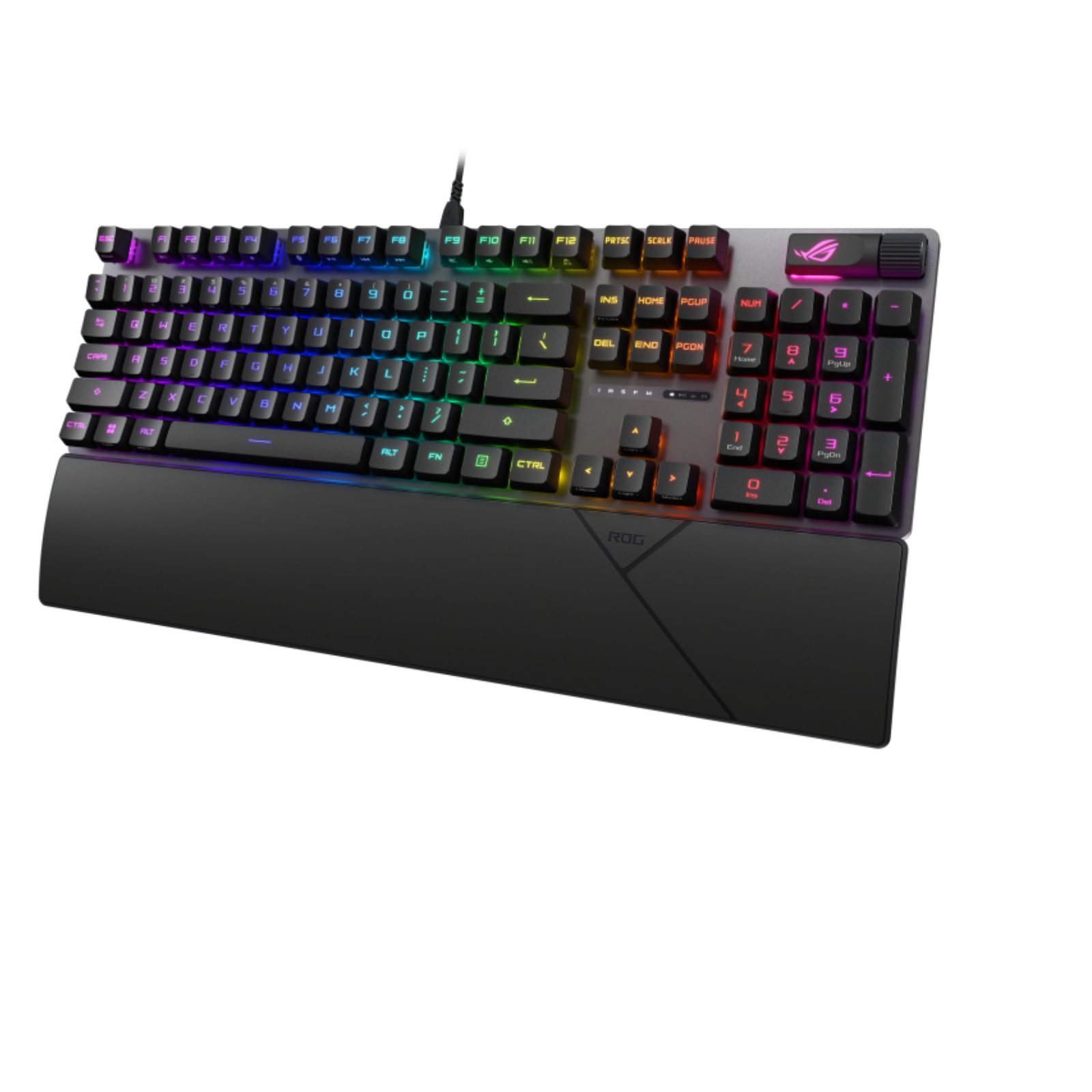 Klawiatura gamingowa z podświetleniem RGB na białym tle.