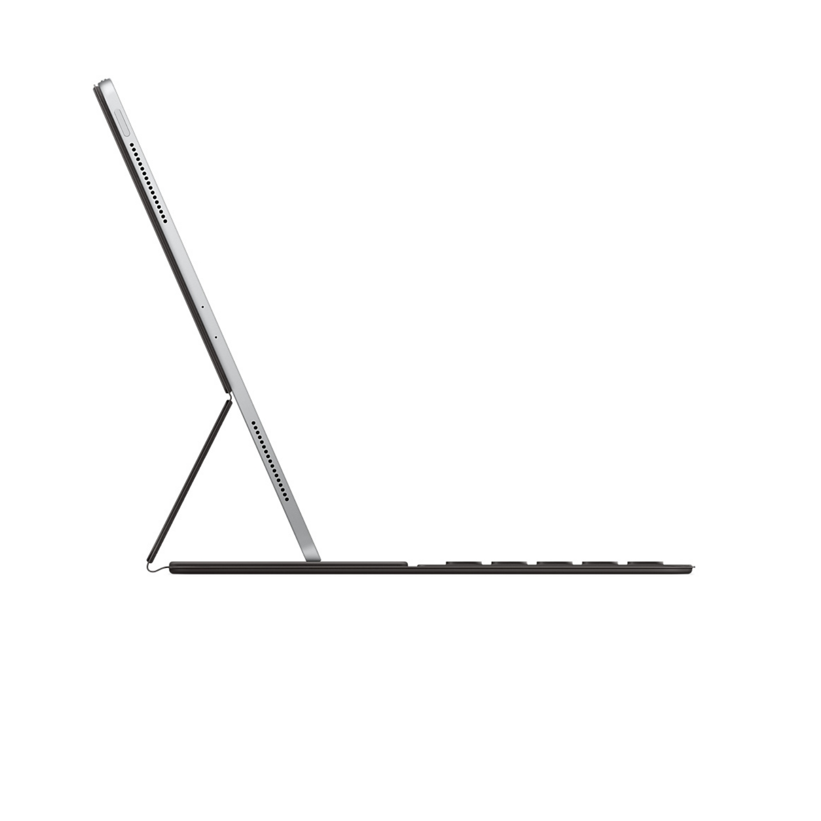 Una tableta y un teclado, vistos de lado, sobre un fondo blanco.