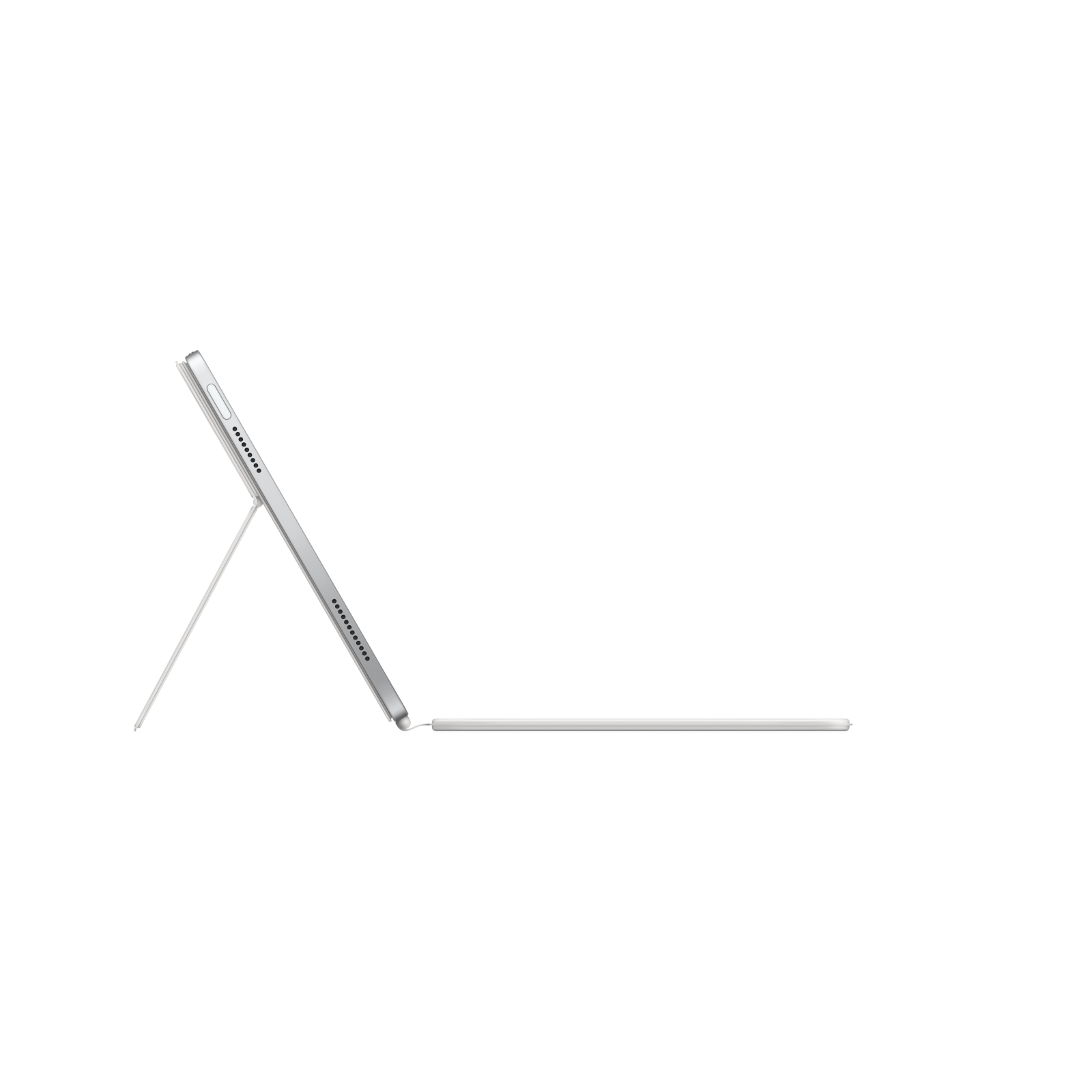 Silbernes Tablet mit Stift und Tastatur. Tablet ist aufgestellt, zeigt Bildschirm und Stift.