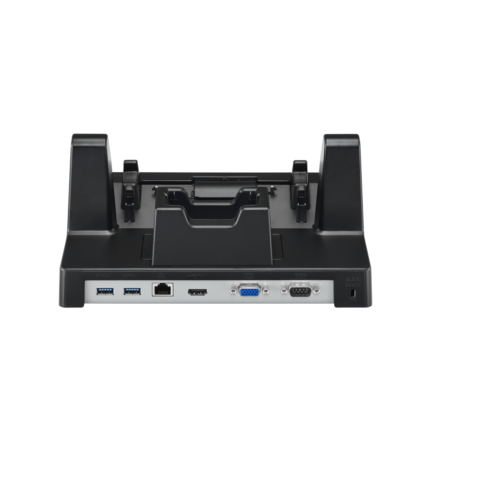 Eine schwarze Dockingstation mit mehreren Anschlüssen, darunter USB, HDMI und VGA, auf weißem Untergrund.