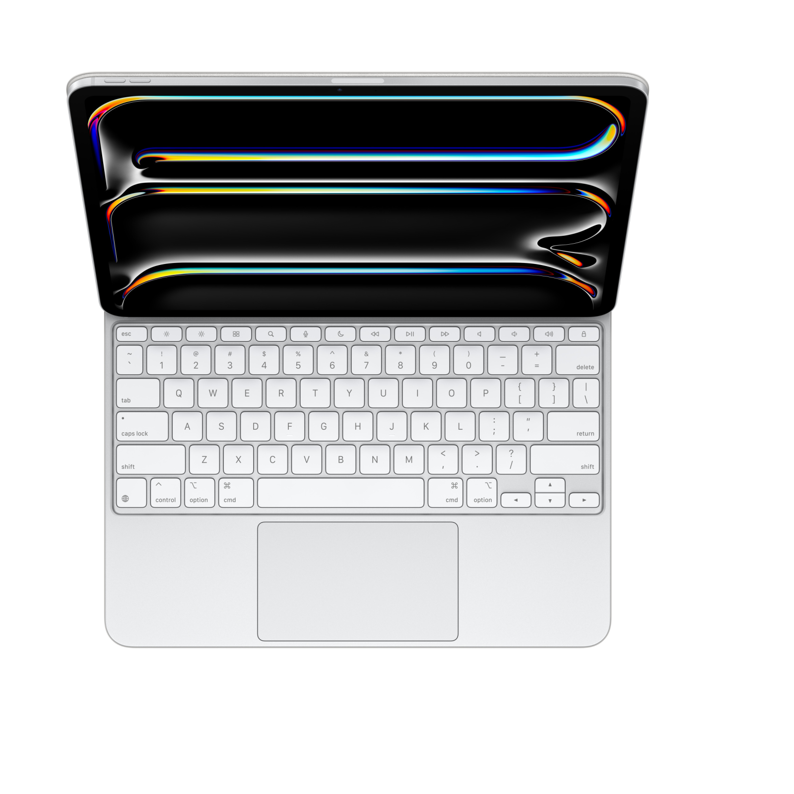 Un MacBook argento con schermo aperto che mostra colori astratti e tastiera.