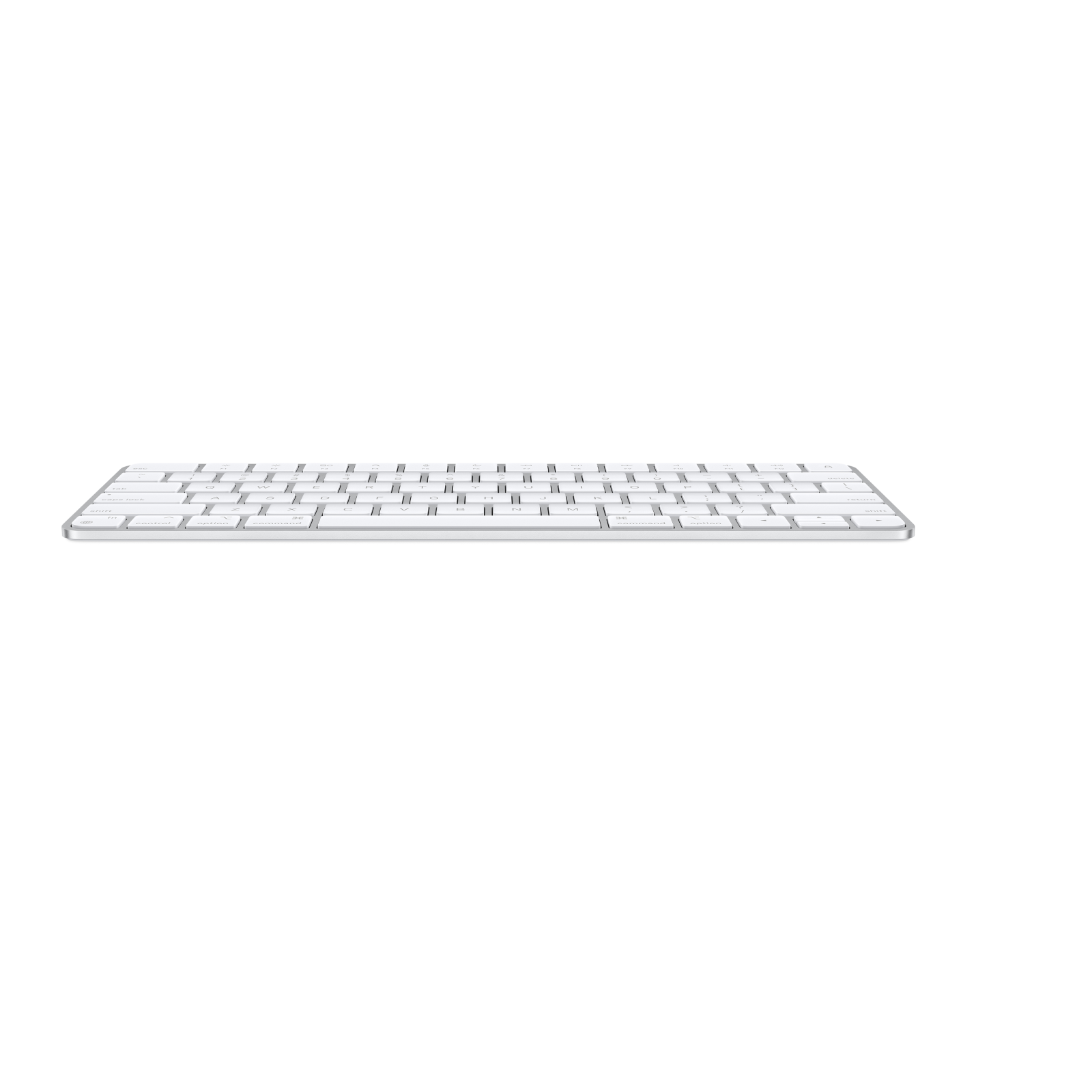 Een wit Apple Magic Keyboard, zijaanzicht op een witte achtergrond.