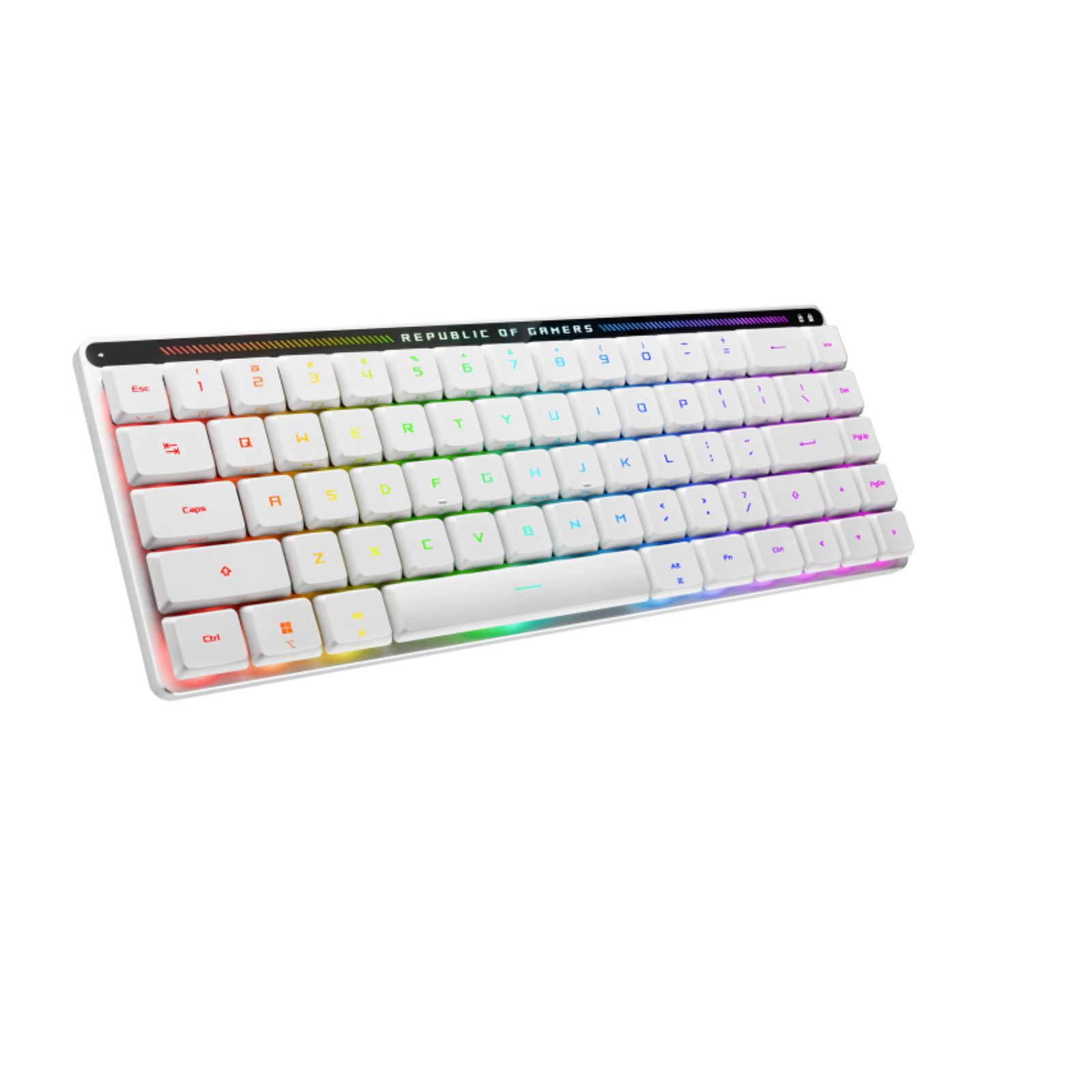 Biała klawiatura kompaktowa z tęczowymi klawiszami. Widoczne litery i cyfry.