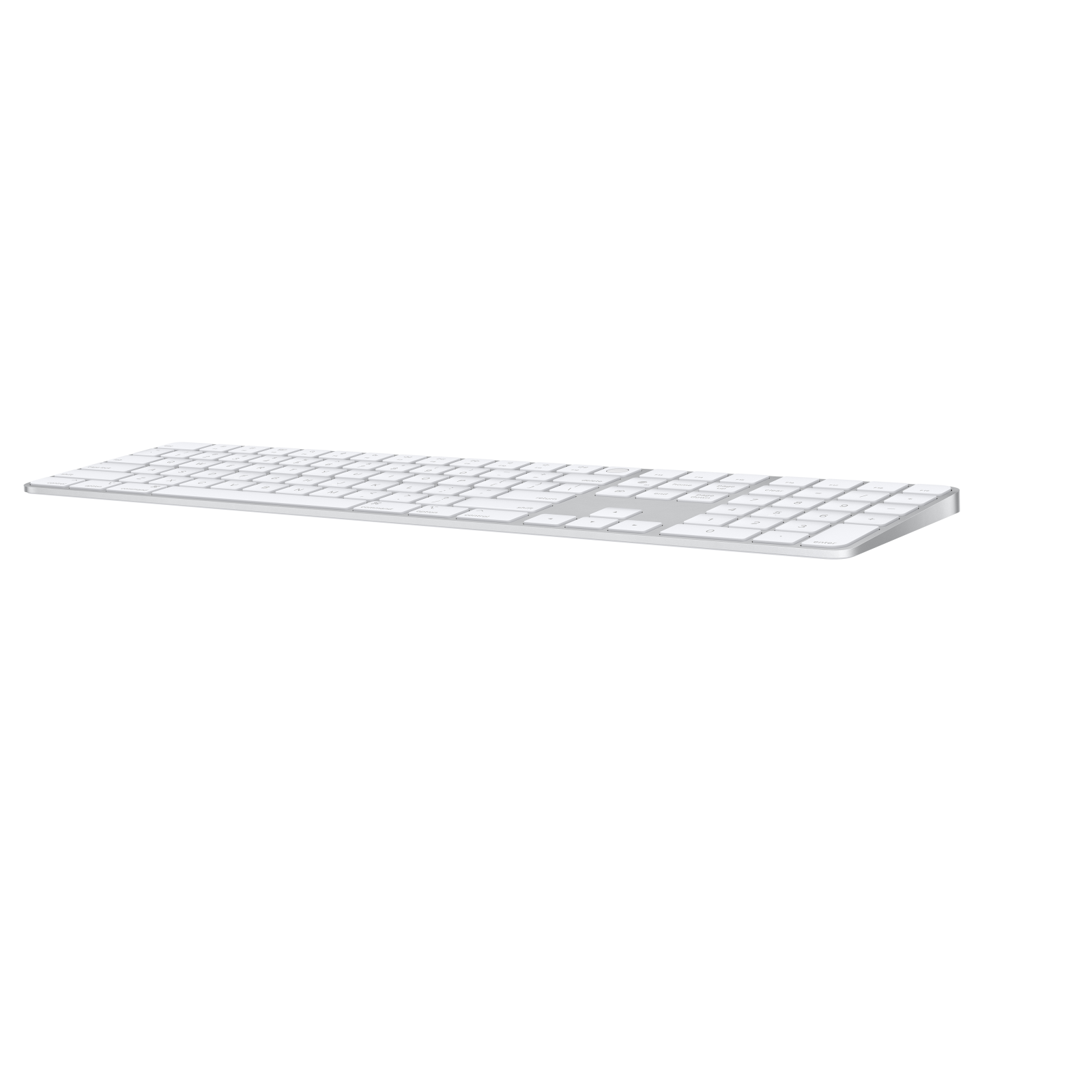 Una tastiera Apple Magic Keyboard argentata con tastierino numerico, su sfondo bianco.