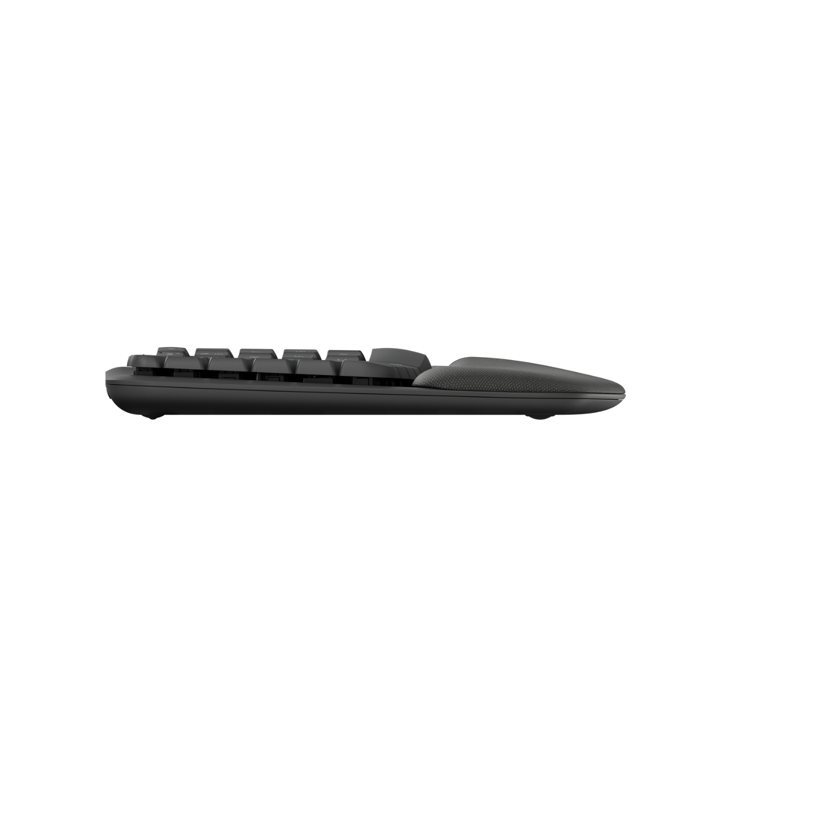 Schwarze Tastatur im Profil. Die Tasten sind sichtbar und nach oben abgewinkelt, mit strukturierter Oberseite.