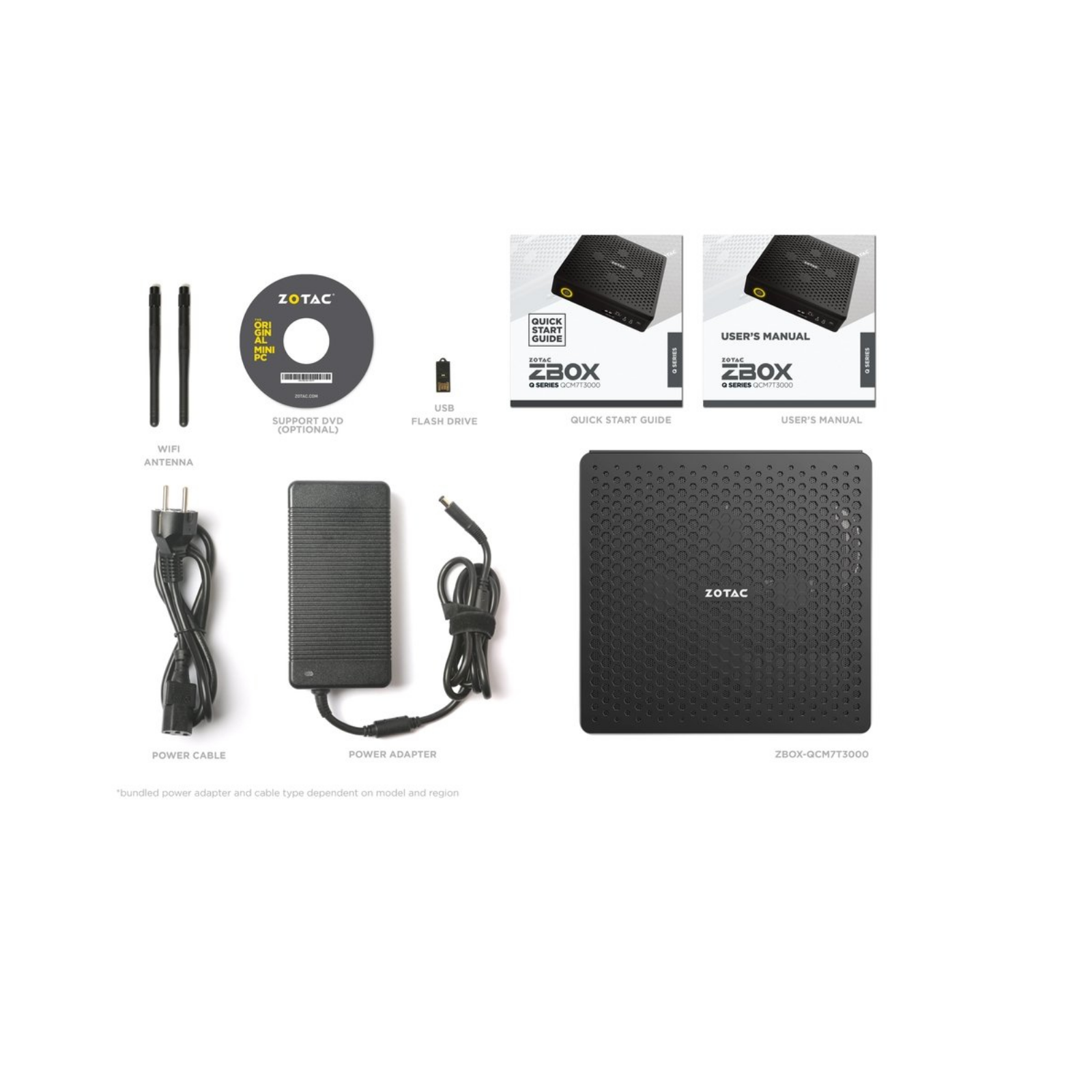 Componenti ZOTAC ZBOX: PC, manuali, adattatore, cavi, DVD, flash drive e antenne su superficie bianca.