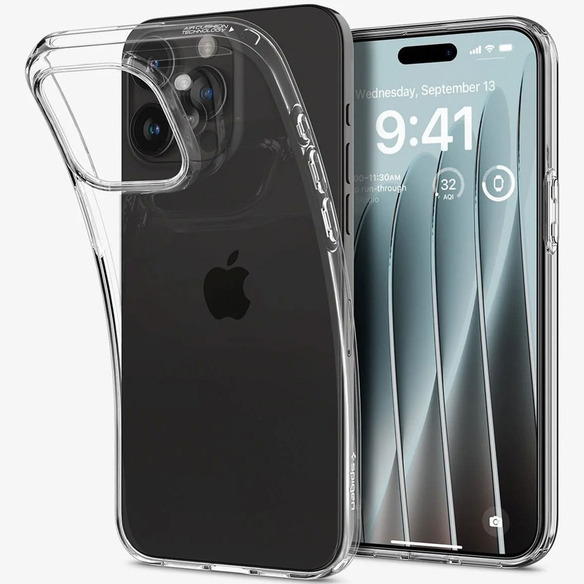 Coque transparente sur téléphone noir. Le téléphone affiche un écran numérique.