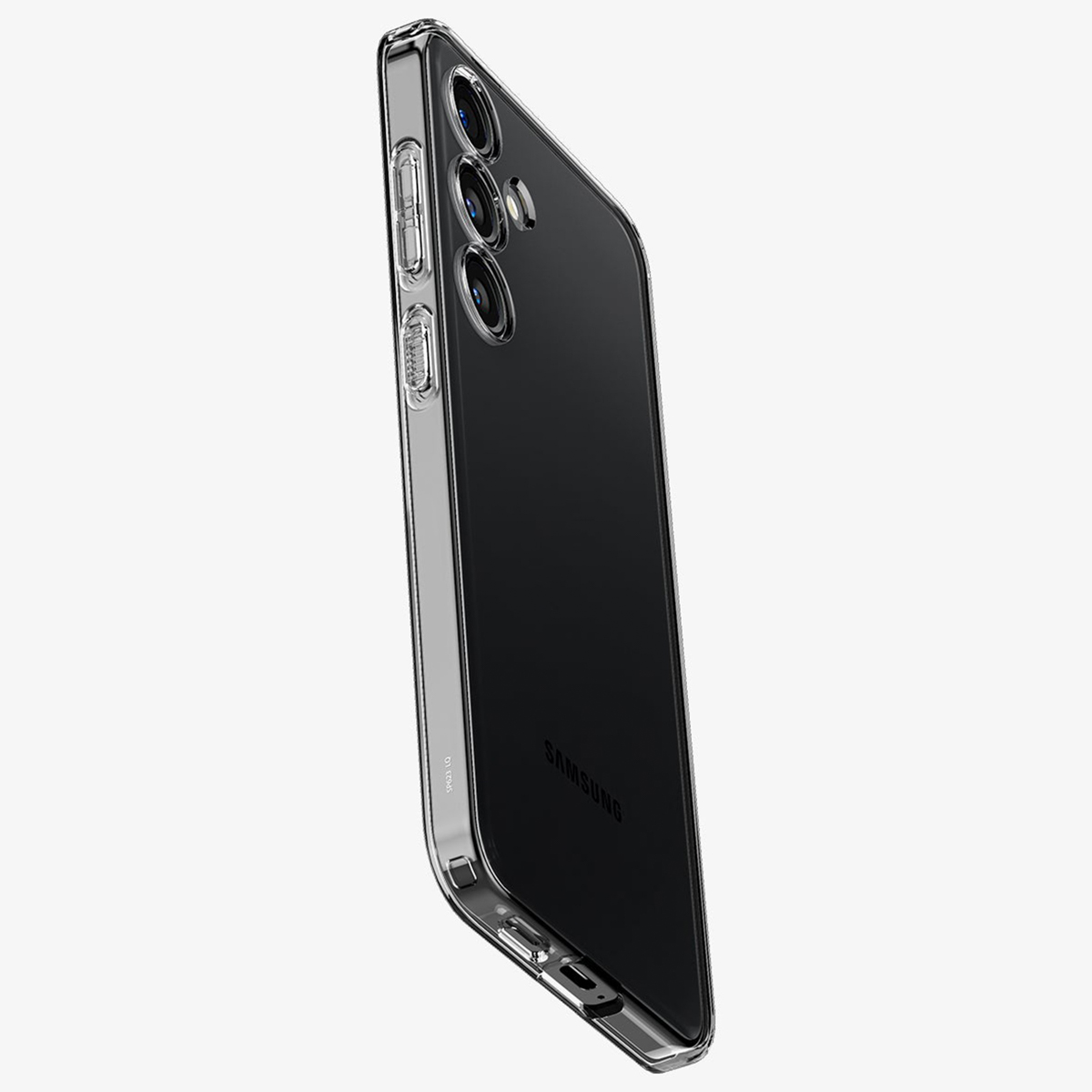 Eine transparente Handyhülle auf einem Telefon, die die Rückseite und das Kamera-Setup des Telefons zeigt.