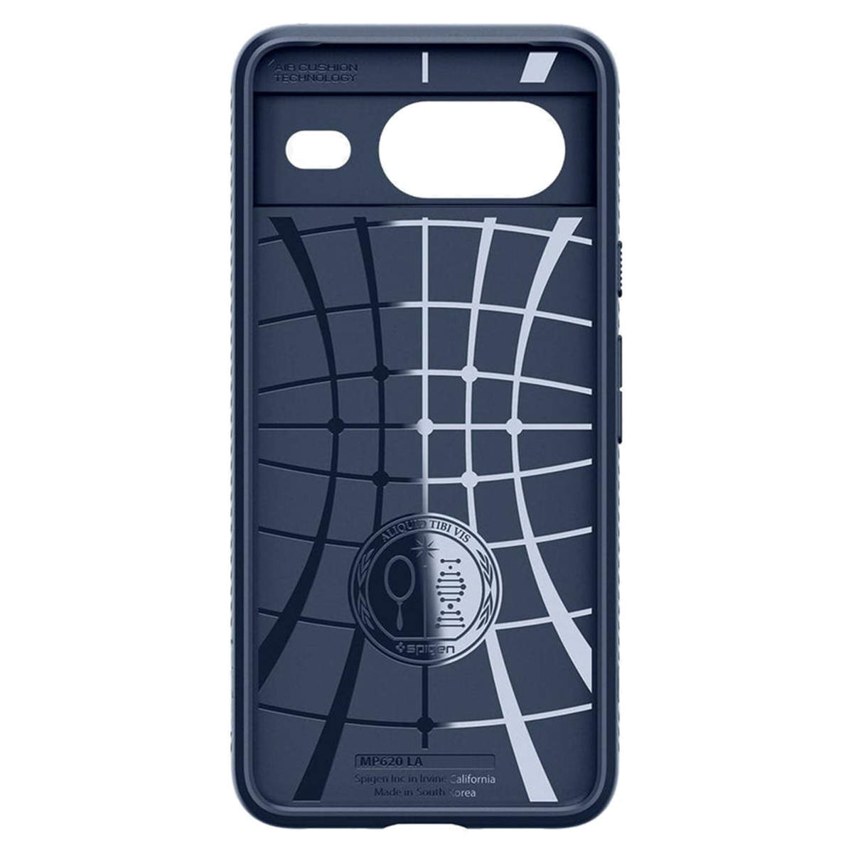 Custodia per telefono blu scuro. Ha un design a griglia e il logo Spigen.