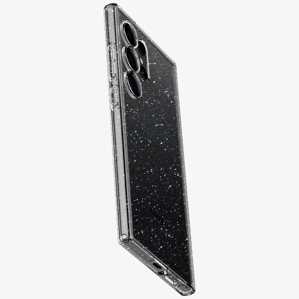 Telefoonhoesje met glitterstippen. De telefoon zit in de hoes.
