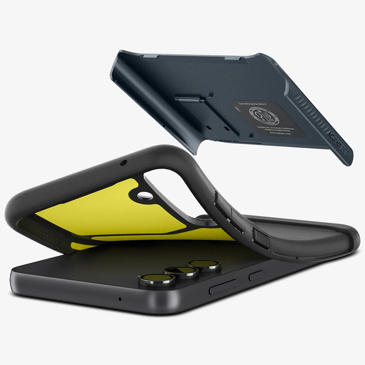 Custodia del telefono in nero e giallo. Il telefono è visibile all'interno.