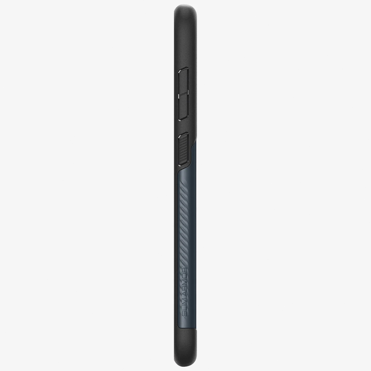 Vista laterale di un telefono nero con una fascia testurizzata blu-grigia.