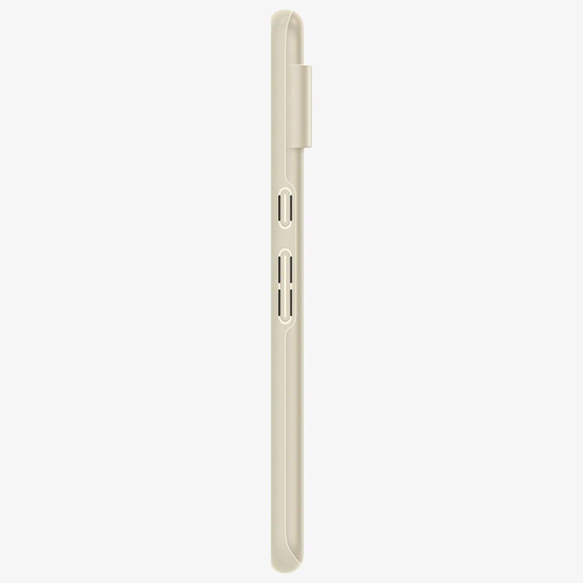 Vue latérale d'une coque de téléphone beige.