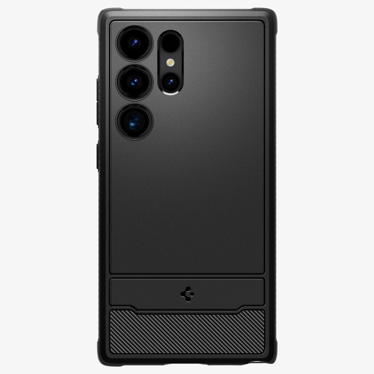 Zwarte telefoonhoesje achterkant. Meerdere camera's en Spigen logo zichtbaar.