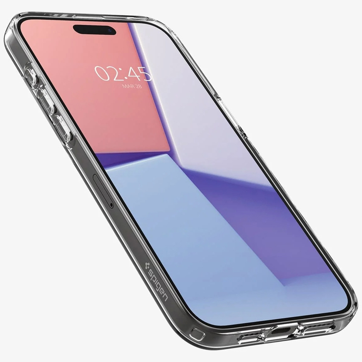 Une coque de téléphone transparente avec un téléphone à l'intérieur. Le téléphone affiche une horloge numérique sur l'écran.