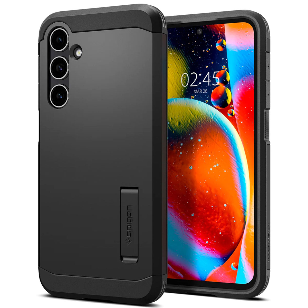 Zwarte telefoonhoes met telefoon die scherm toont. Kickstand. Witte achtergrond.