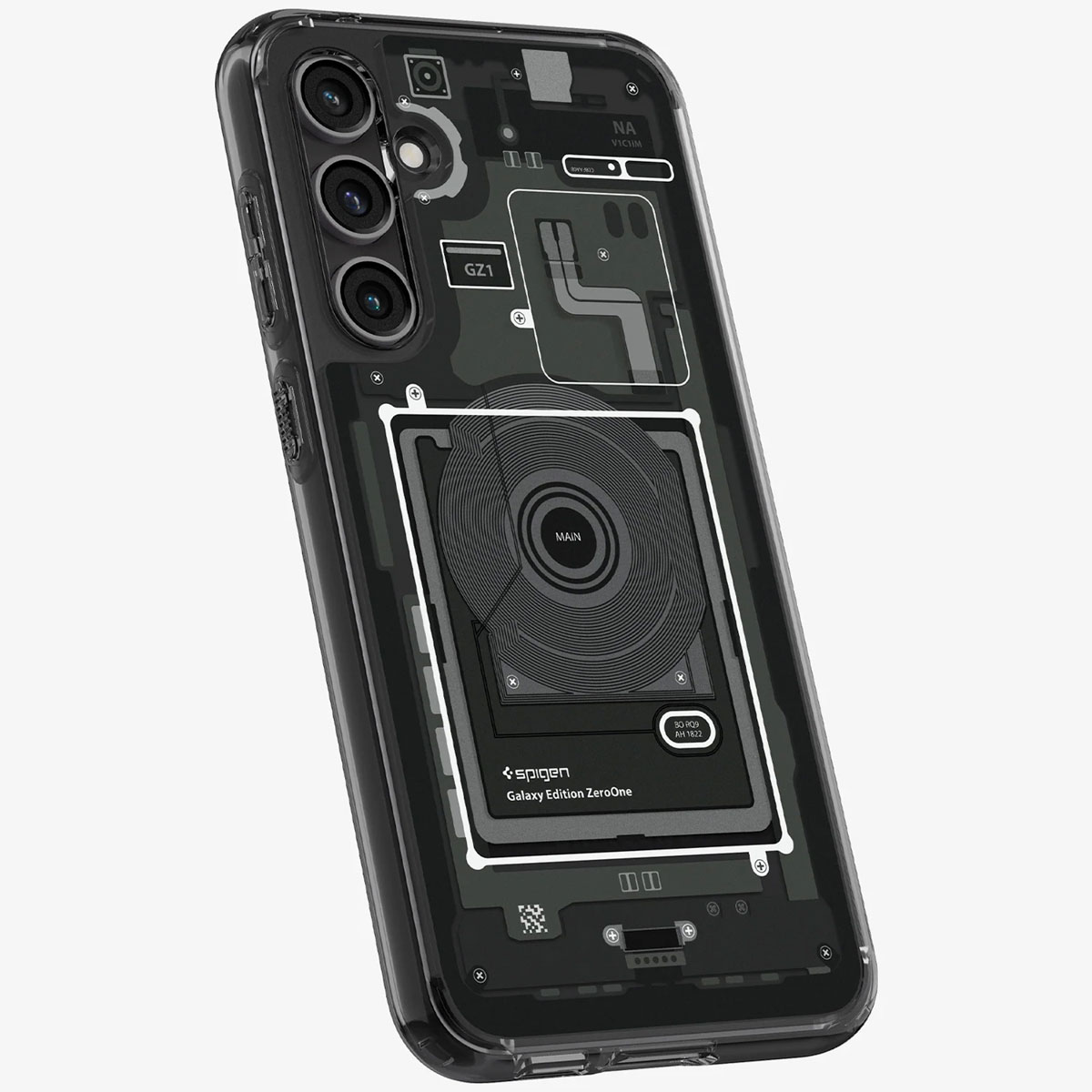 Transparante telefoonhoes, toont interne componenten en branding.