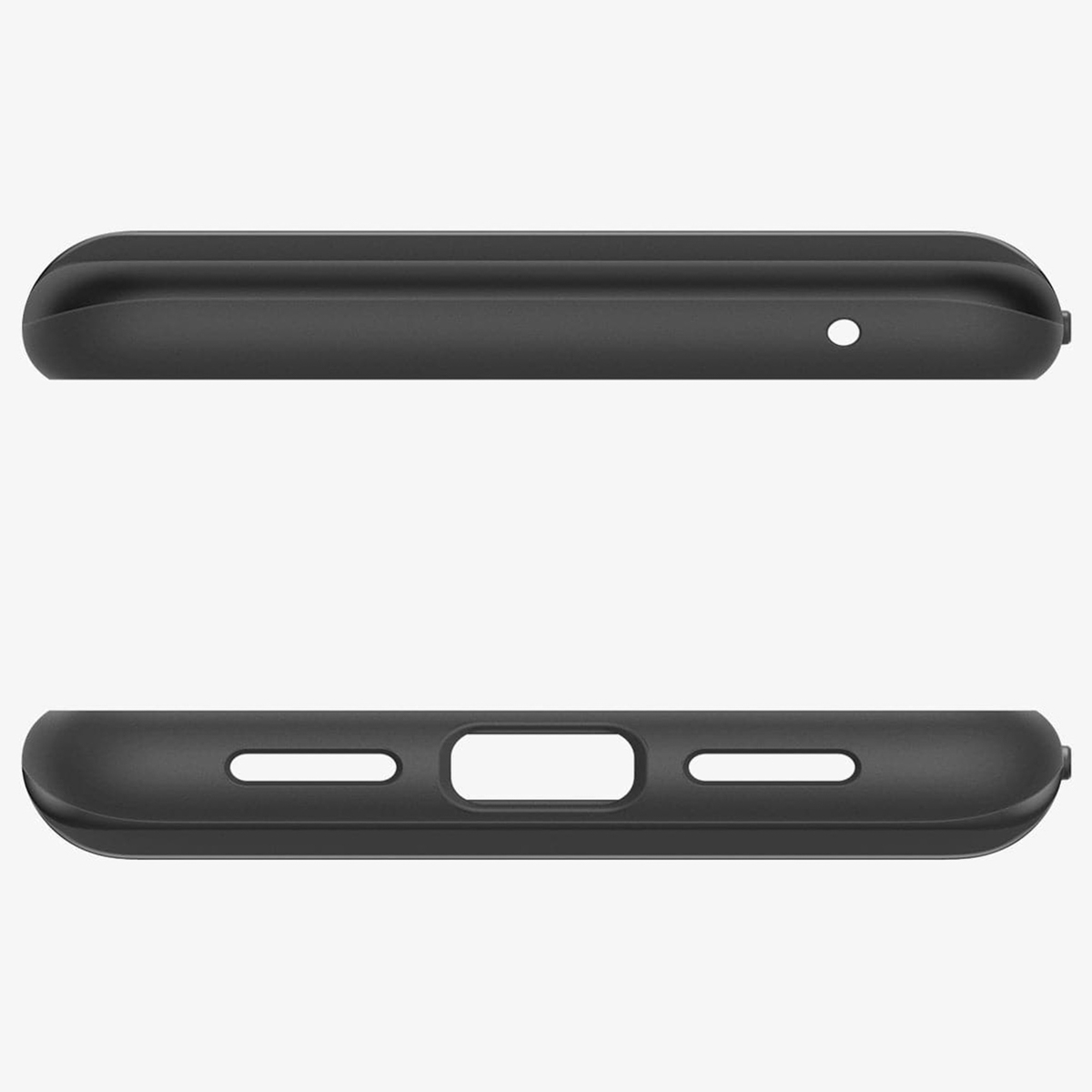 Due sezioni nere e strutturate di custodia per telefono, una con un foro, l'altra con aperture allungate.