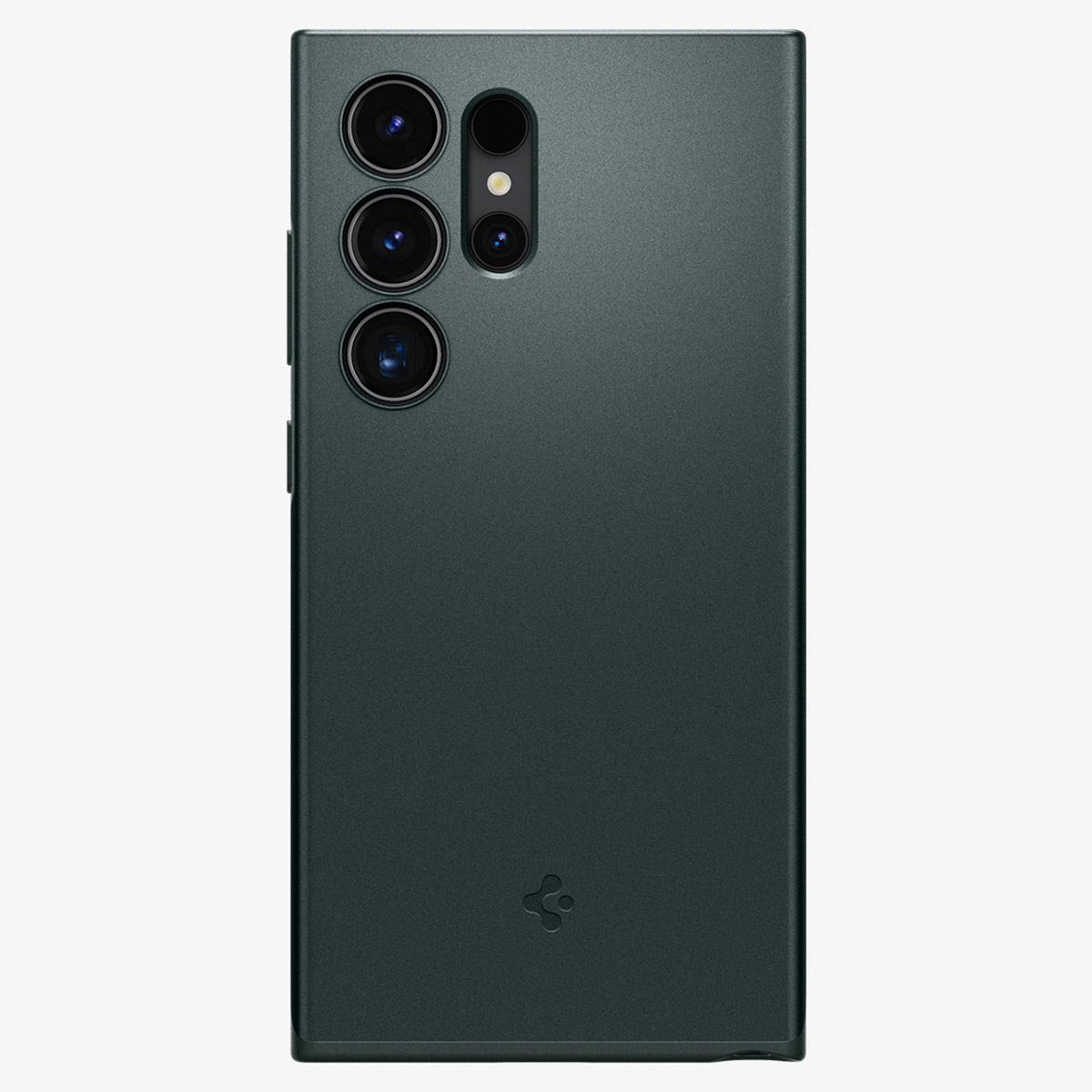 Donkergroene telefoonhoes achterkant, met cameralenzen en branding.