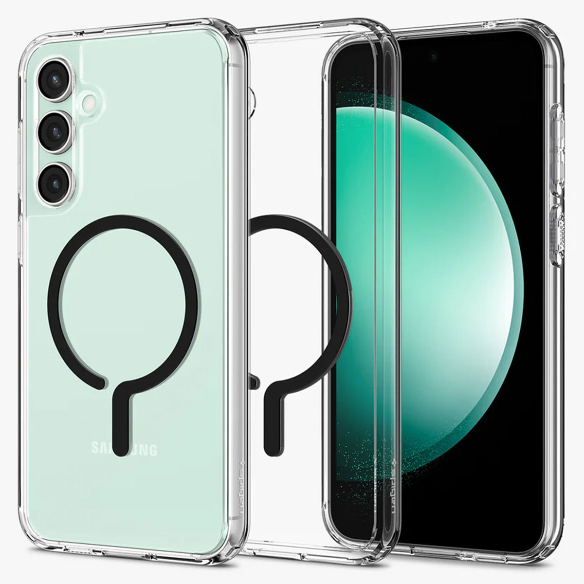 Custodia trasparente con anello nero. Tre custodie, una con telefono, che mostra sfondo verde.